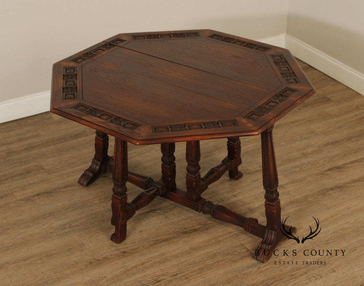 Rom Weber Viking Jacobean Style Carved Oak Drop-Leaf Table