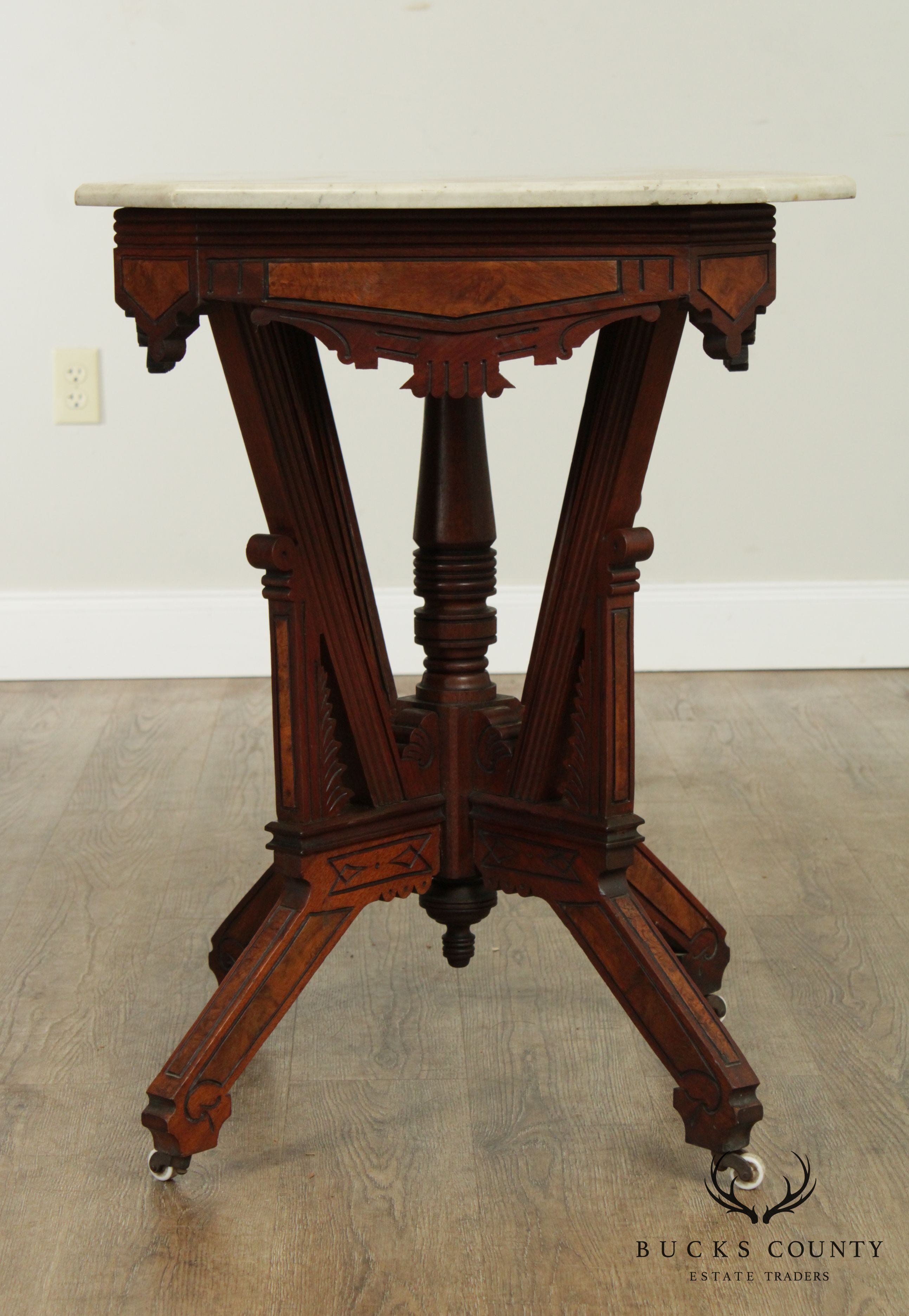 Antique Victorian East Lake Walnut Marble Top Parlor Table