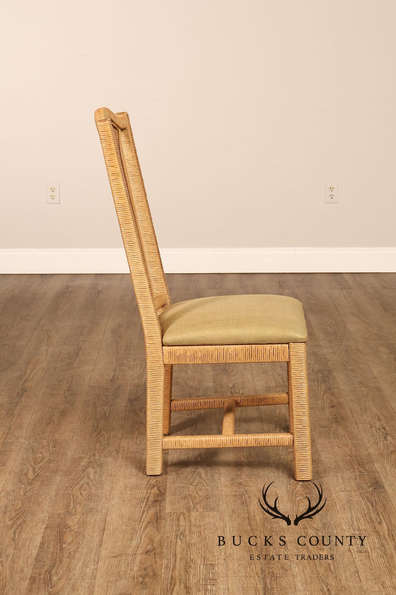 Vintage Wicker Set Of Six Dining Chairs With Upholstered Seats