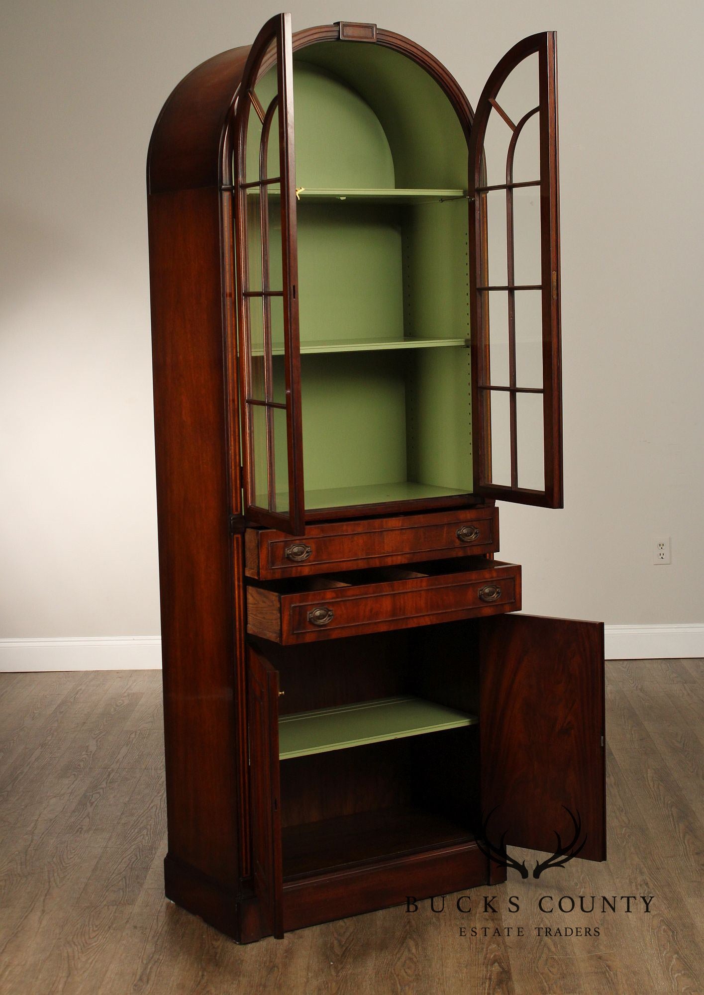 English Regency Style Pair of Mahogany Arched Glass Door Bookcases