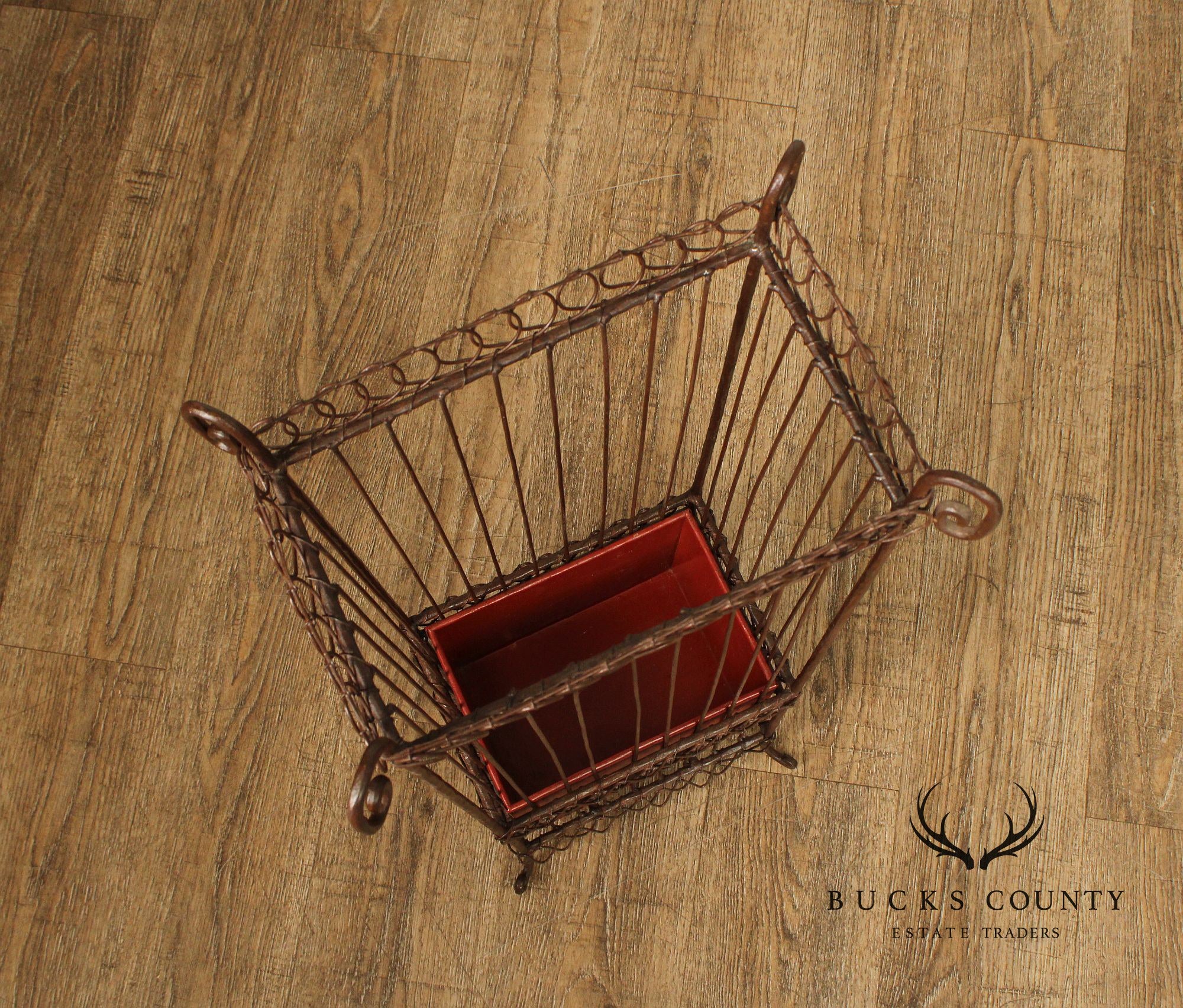 Vintage Wrought Iron Umbrella Stand with Red Liner