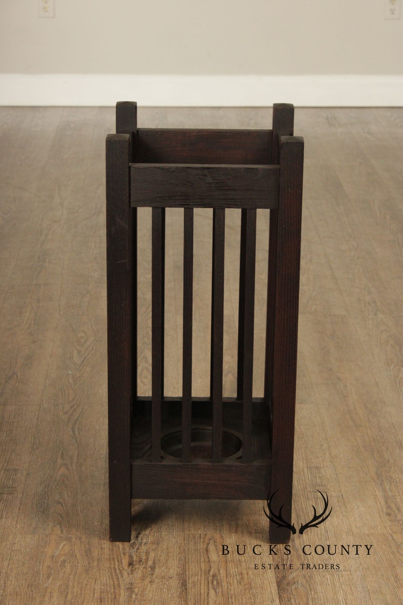 Antique Mission Oak Umbrella Stand With Drip Pan