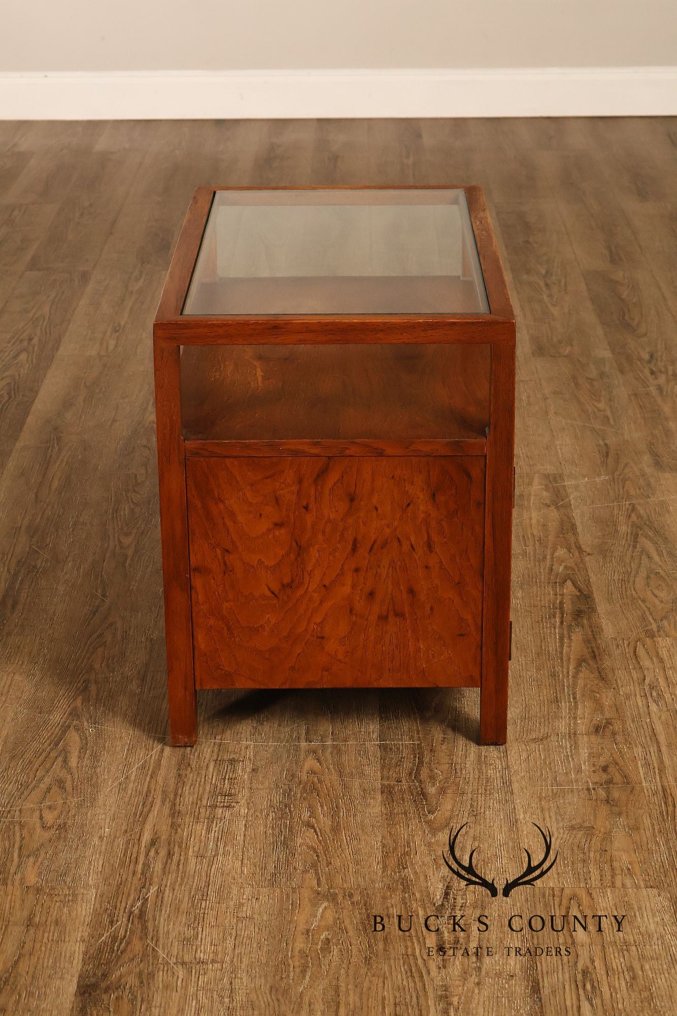 Mid-Century Modern Glass Top Walnut and Cane Side Cabinet