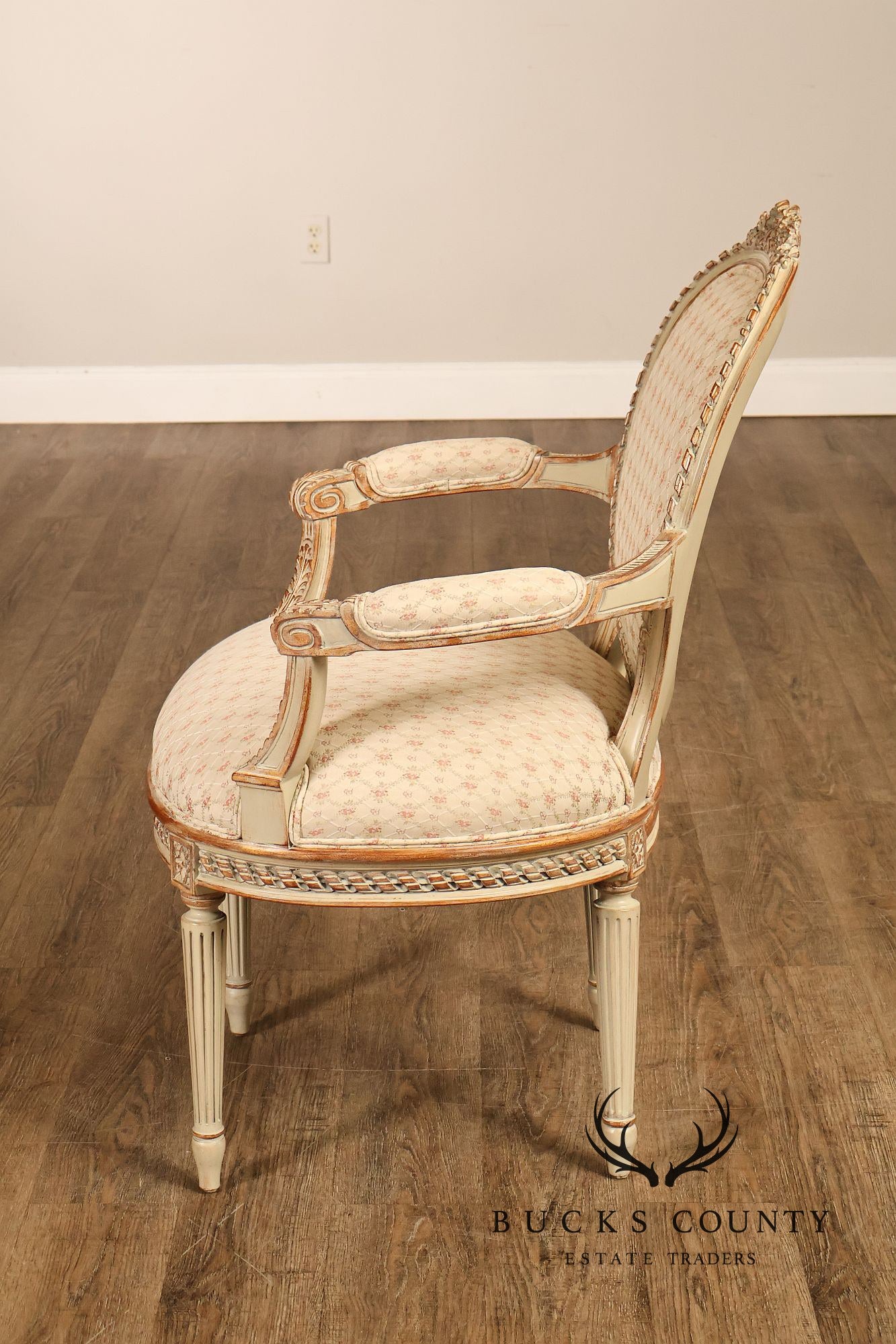 French Louis XVI Style Pair of Cream Painted Armchairs