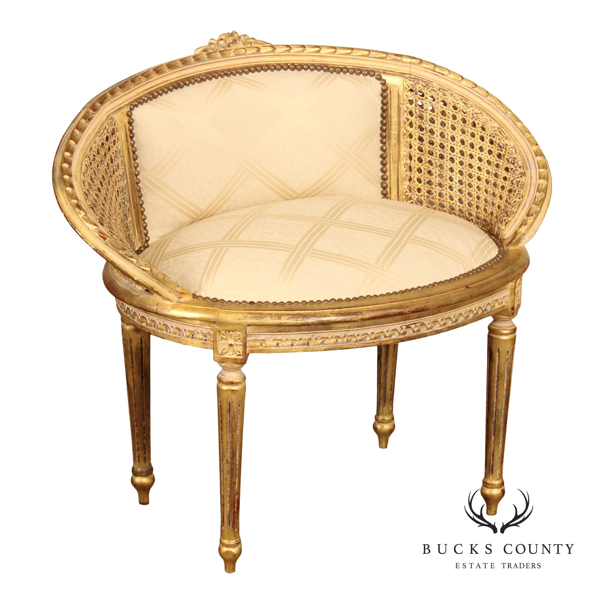 French Louis XVI Style Giltwood and Caned Vanity Stool