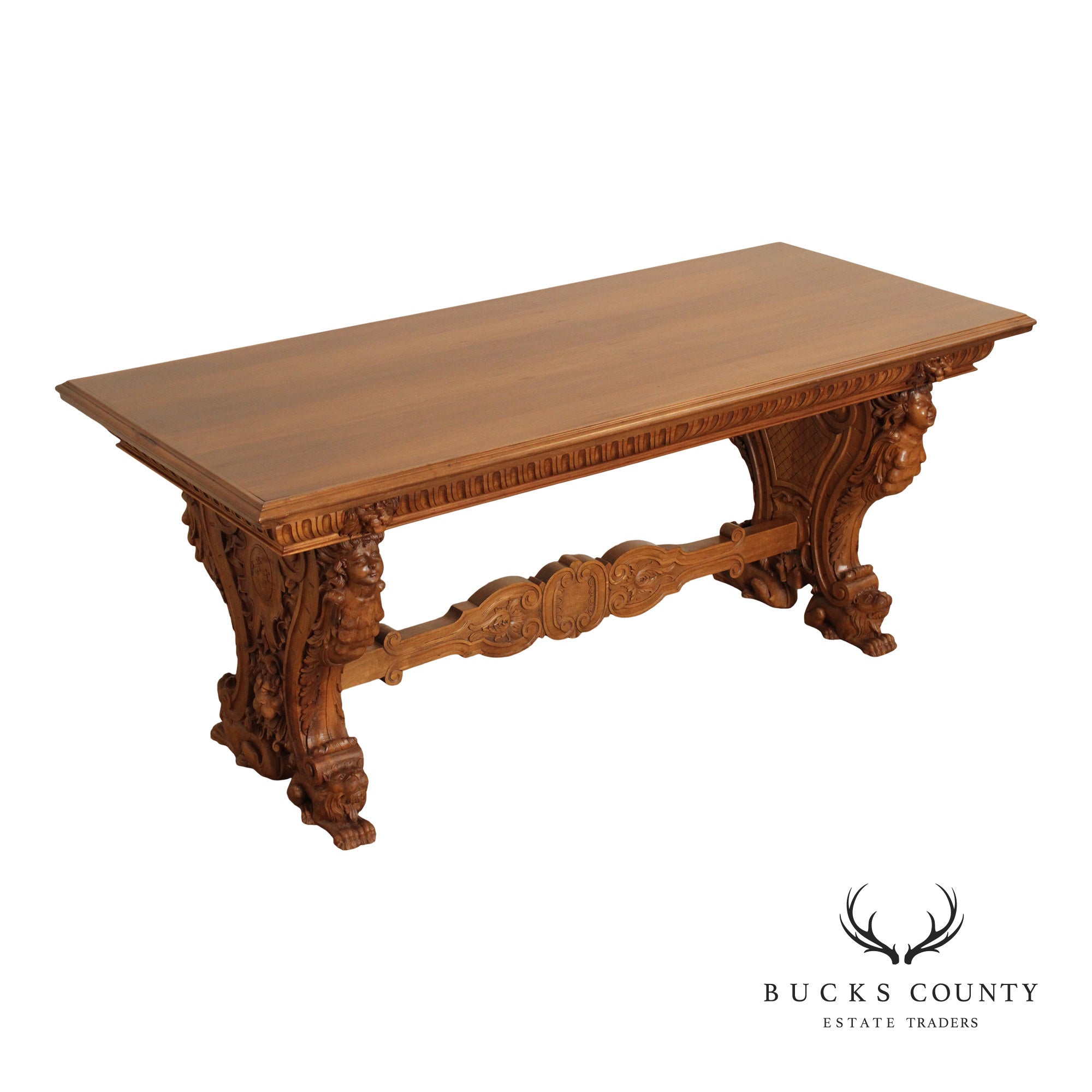 Antique Italian Renaissance Revival Carved Walnut Library Table