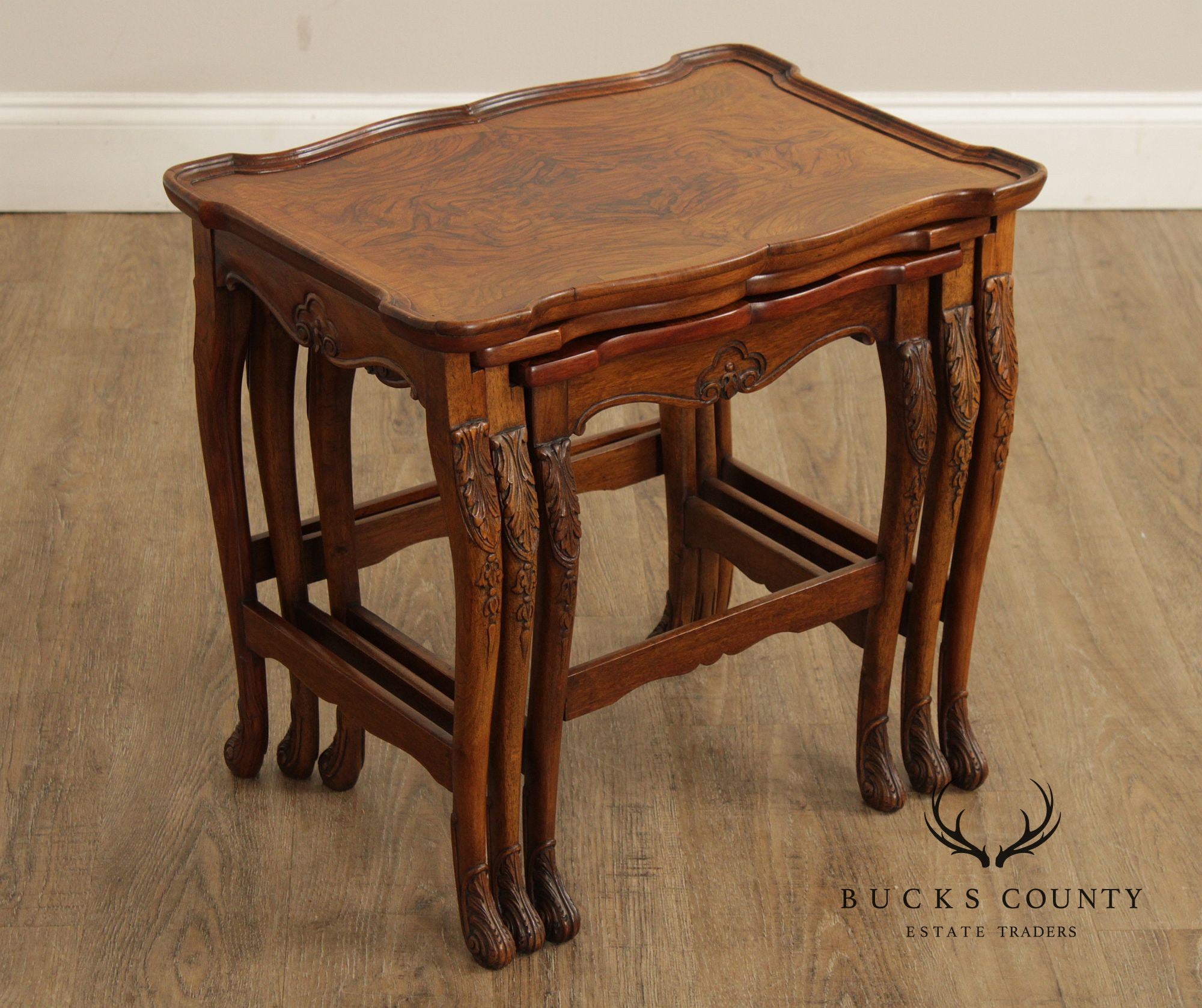 French Louis XV Style Set of Three Burl Walnut Nesting Tables