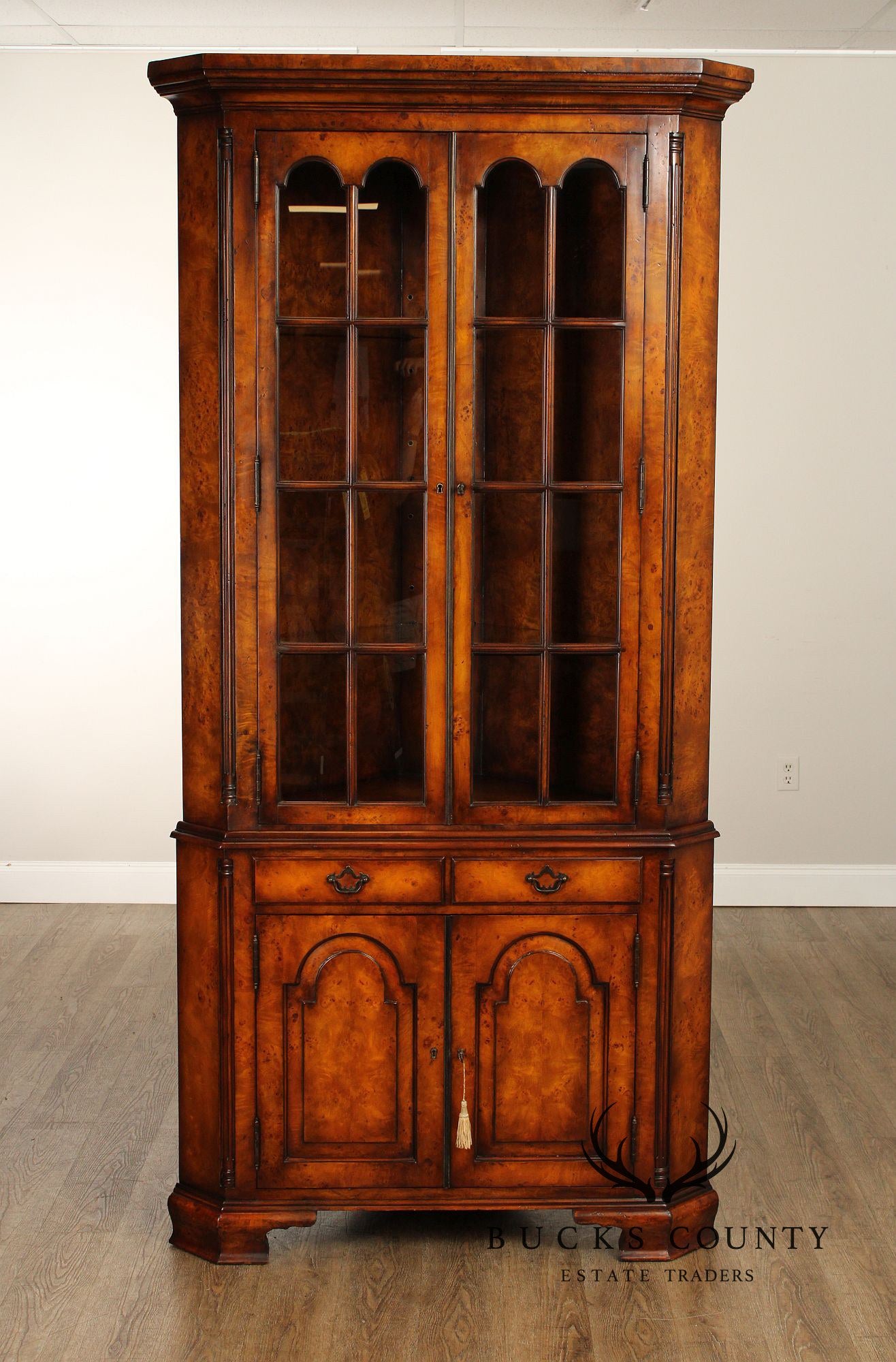 Theodore Alexander Georgian Style Pair of Burlwood Corner Cabinets