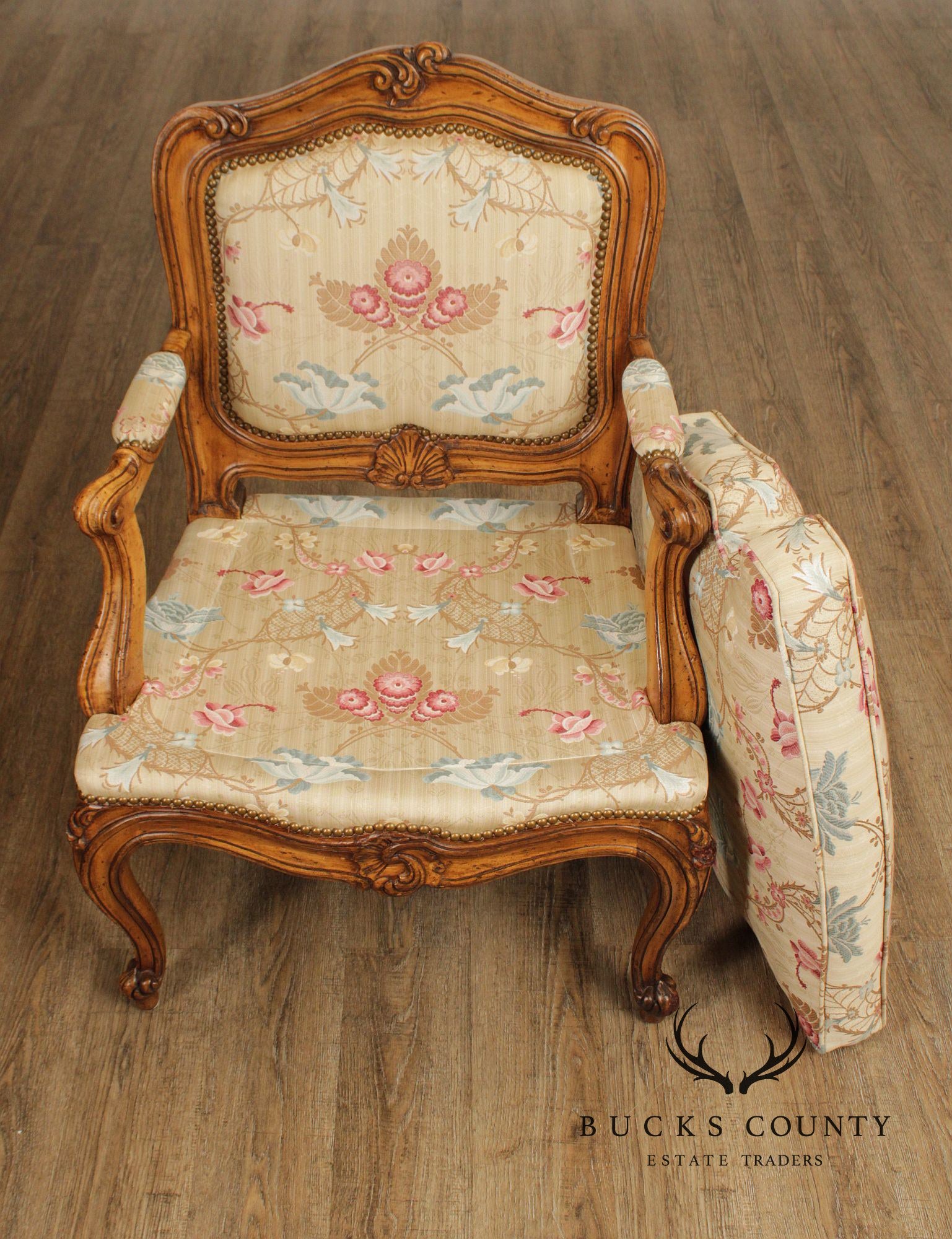 Italian Rococo Style Custom Upholstered Carved Walnut Armchair