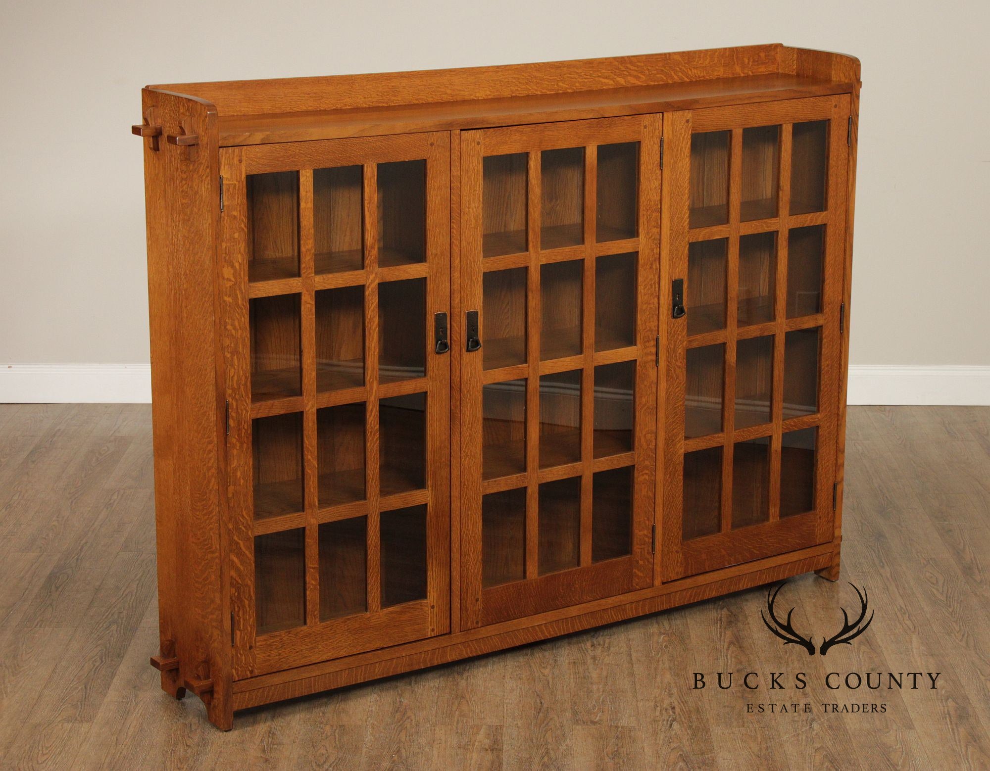 Stickley Mission Collection Oak Triple Bookcase with Glass Doors