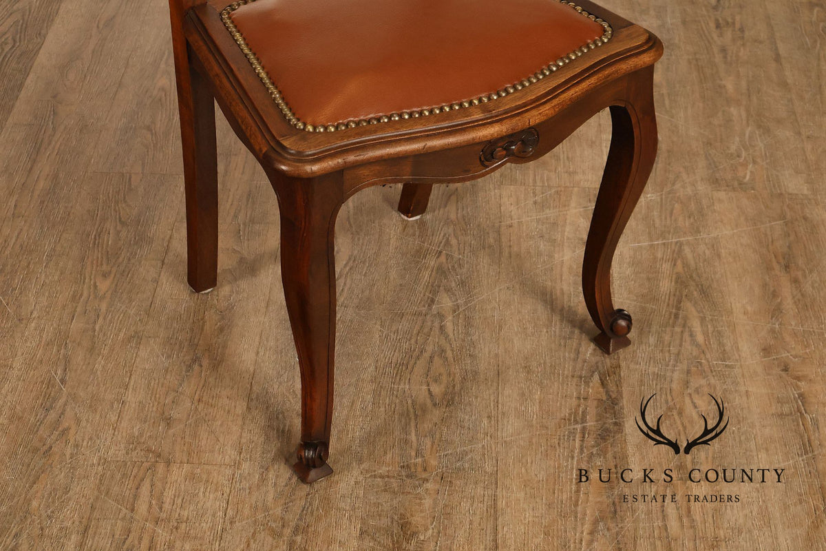 French Country Antique Set Of Eight Walnut And Leather Ladder Back Dining Chairs