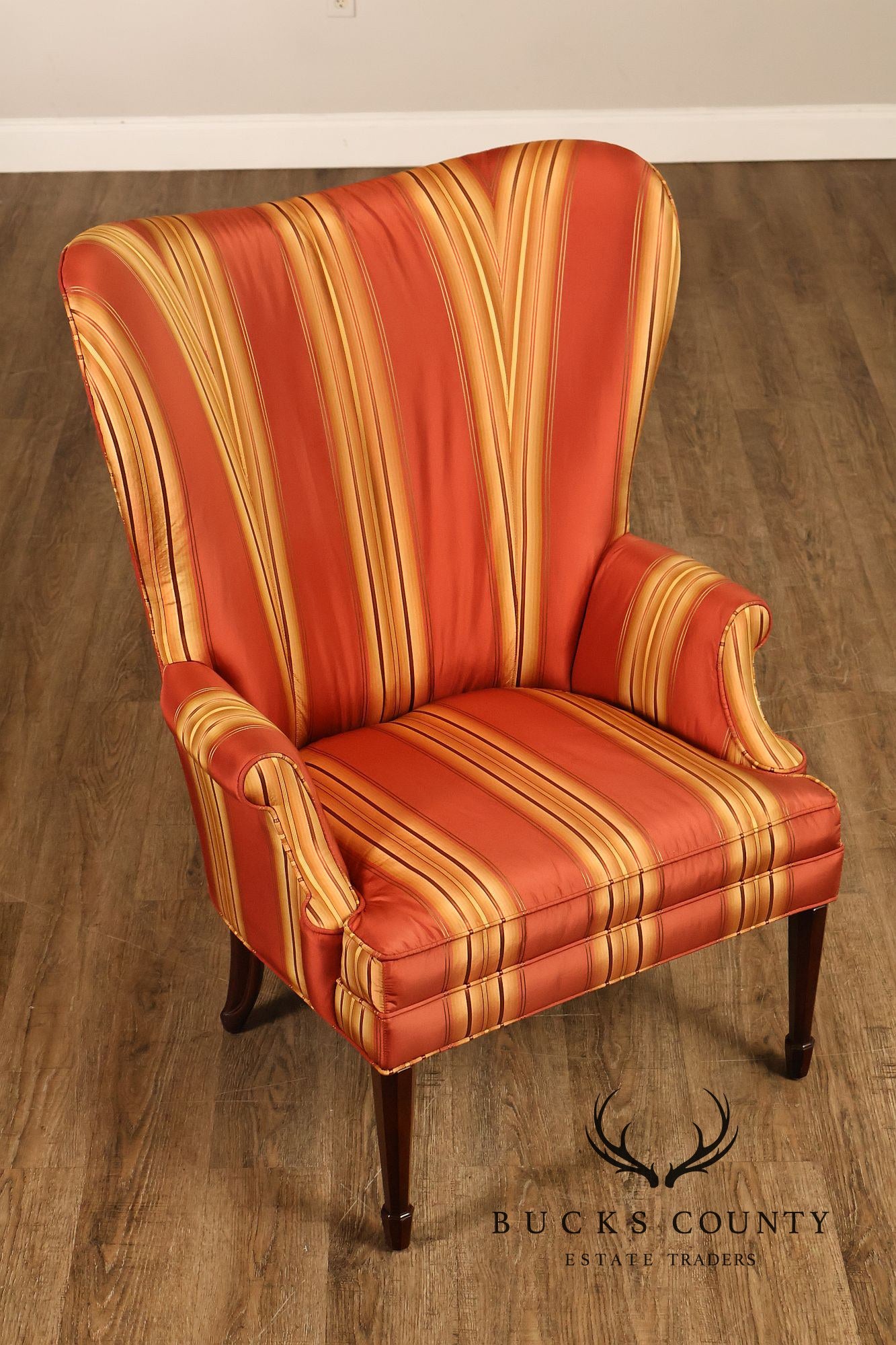 Custom Quality Pair Of Mahogany Fanback Wing Chairs