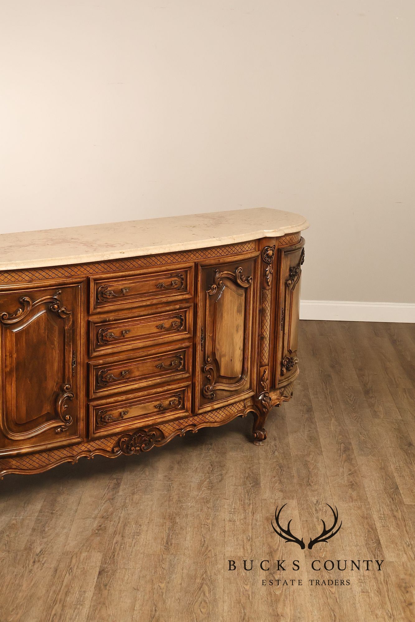 French Louis XV Style 106" Long Marble Top Walnut Sideboard
