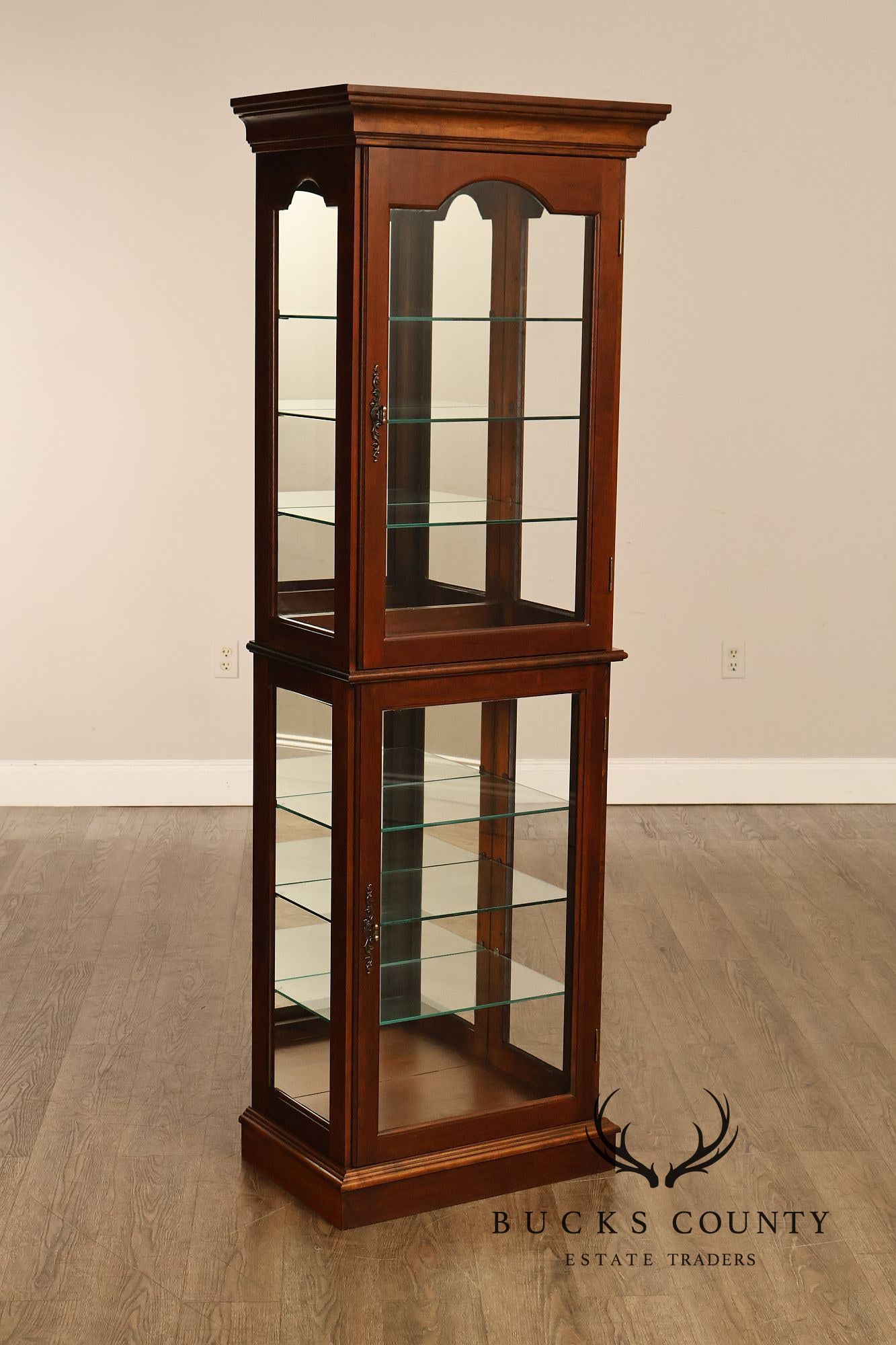 Narrow Cherry Lighted Curio Display Cabinet With Glass Shelves