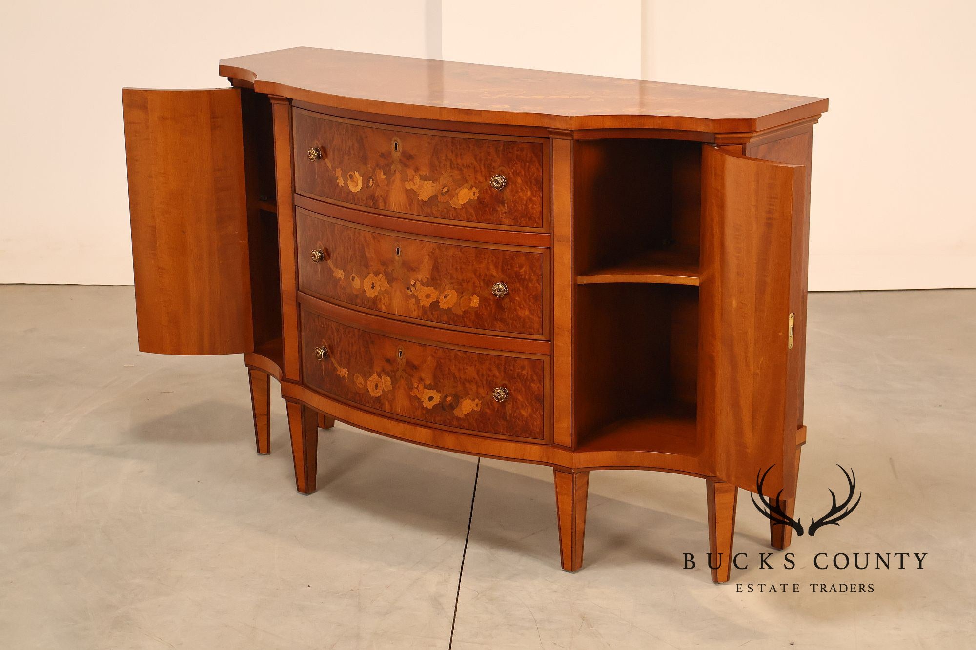 Italian Marquetry Inlaid Burl Wood Credenza Sideboard Server
