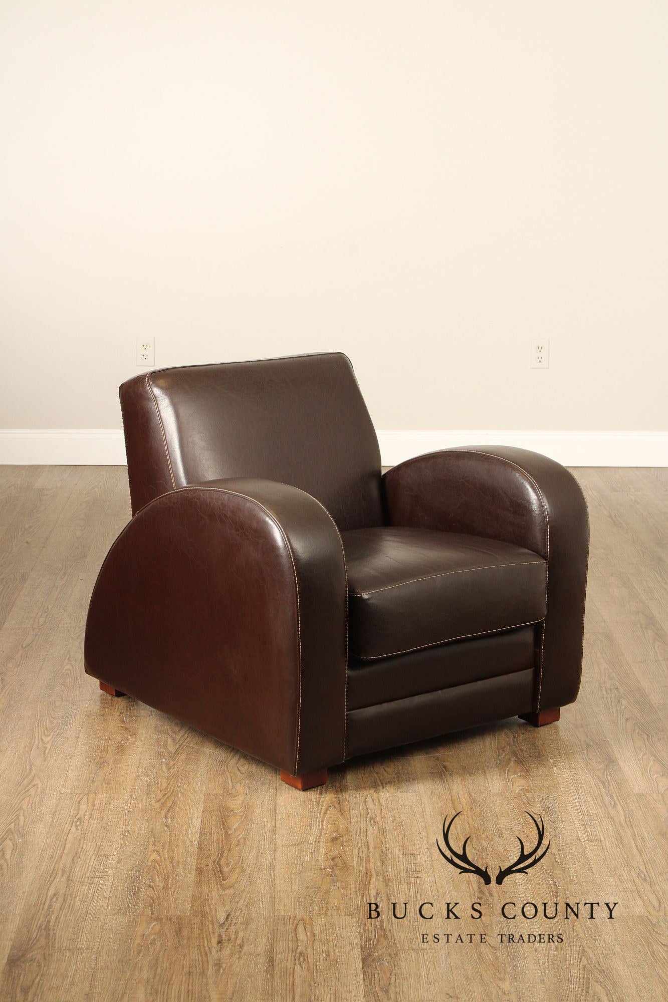 Legacy Art Deco Style Pair of Leather Lounge Chairs with Ottomans