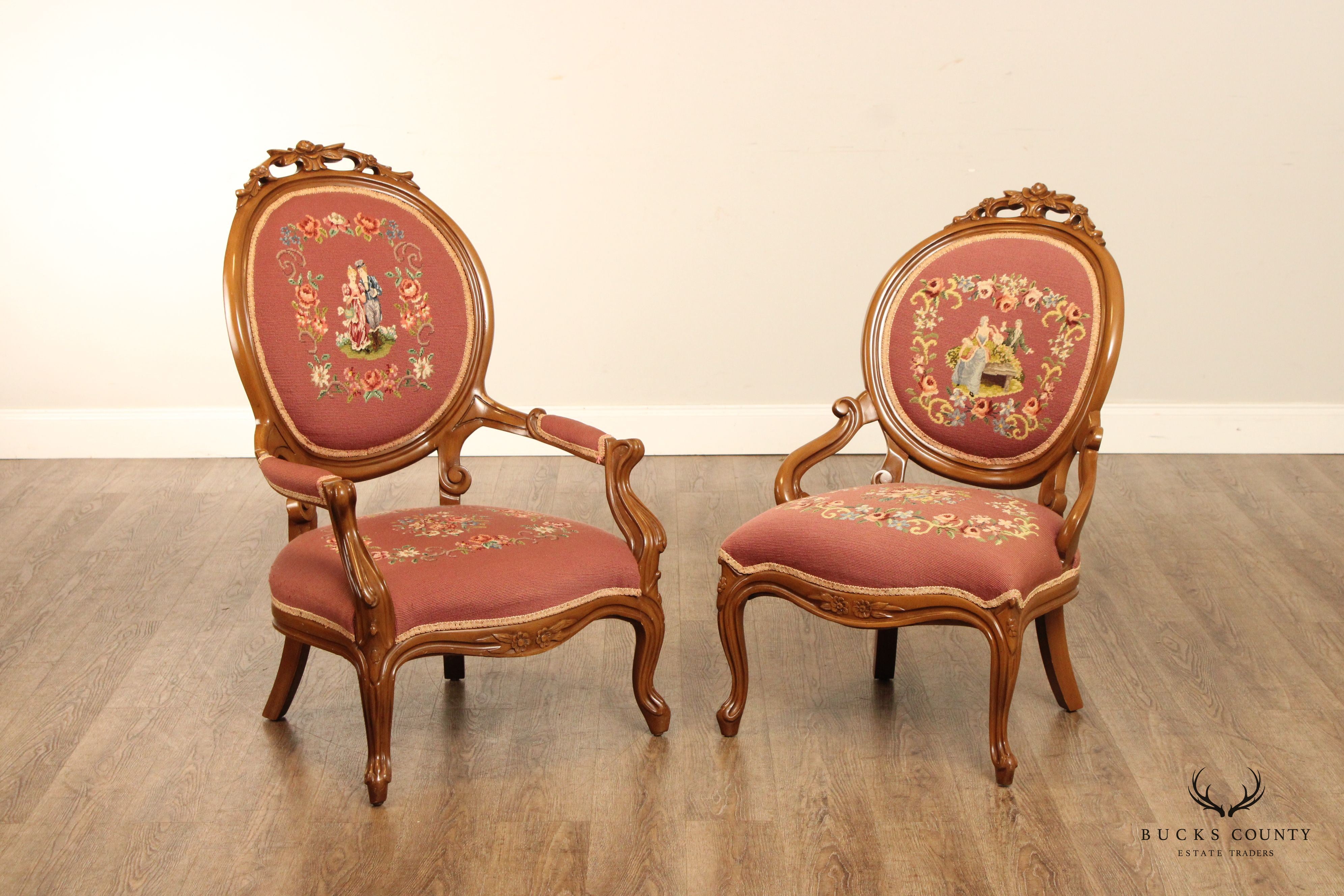 Victorian Pair of Needlepoint Upholstered Parlor Armchairs