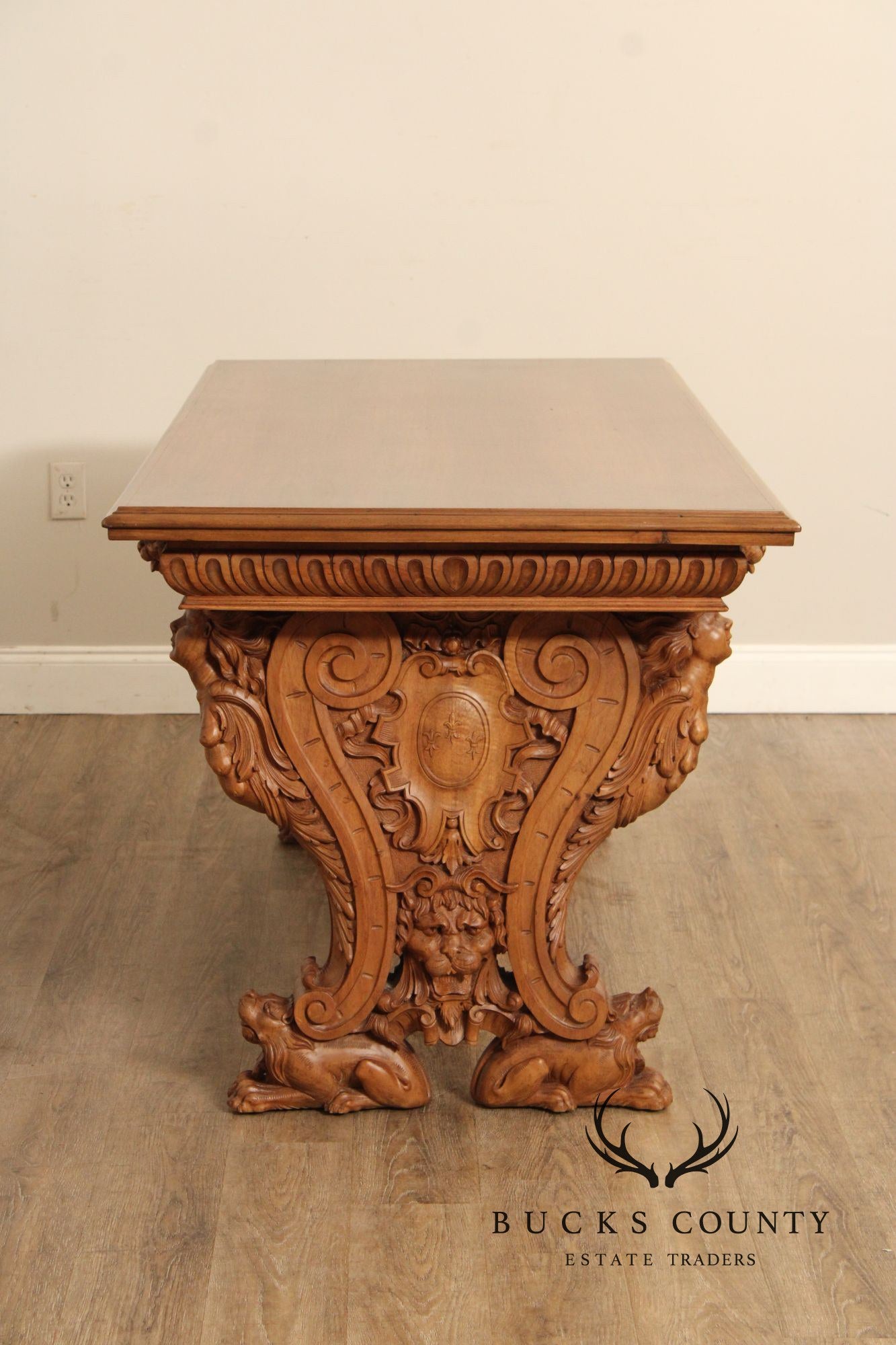 Antique Italian Renaissance Revival Carved Walnut Library Table