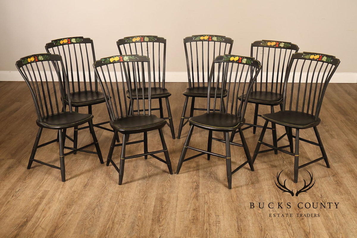 Vintage Stenciled Black Windsor Style Set Of Eight Dining Chairs