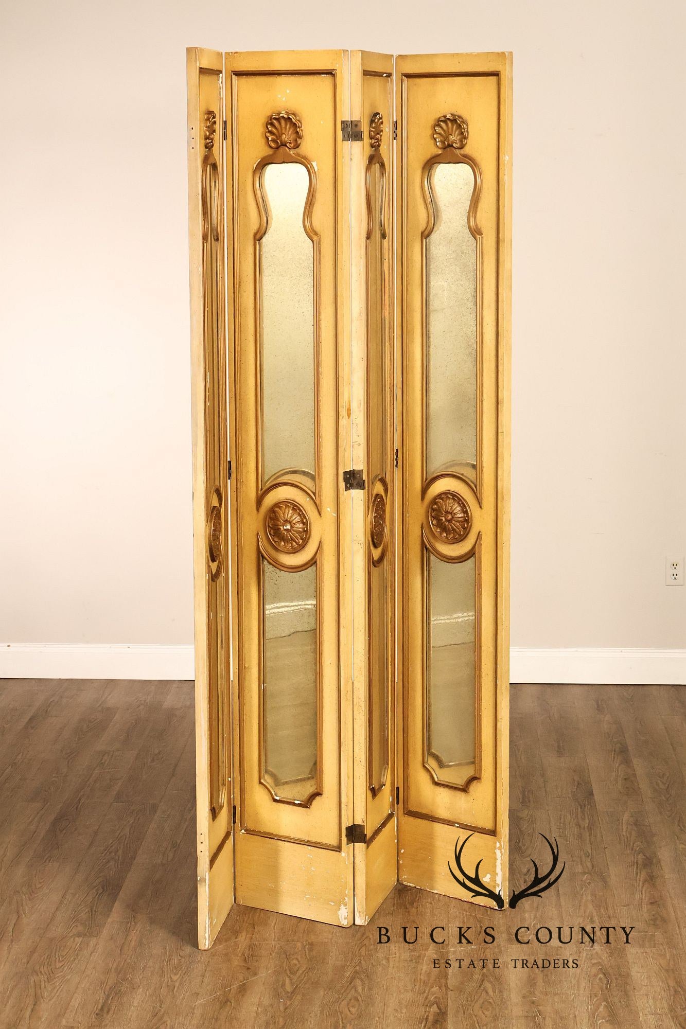 Vintage Rococo Style Painted & Mirrored Four-Panel Folding Screen