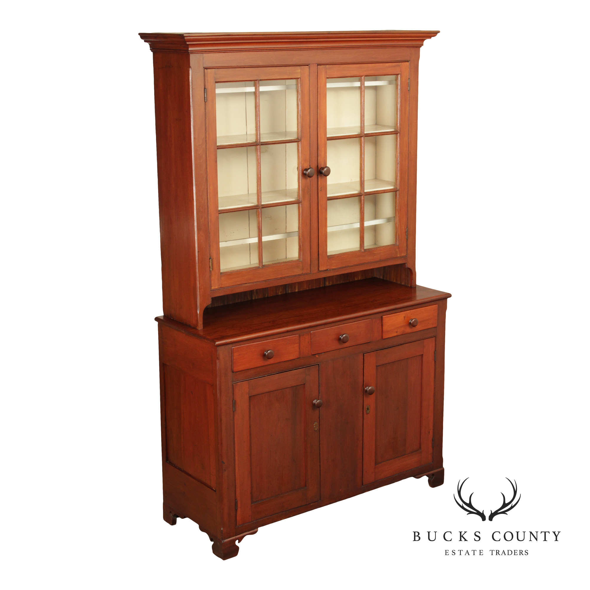 Antique American Cherry Dutch Cupboard Two Piece Hutch Cabinet