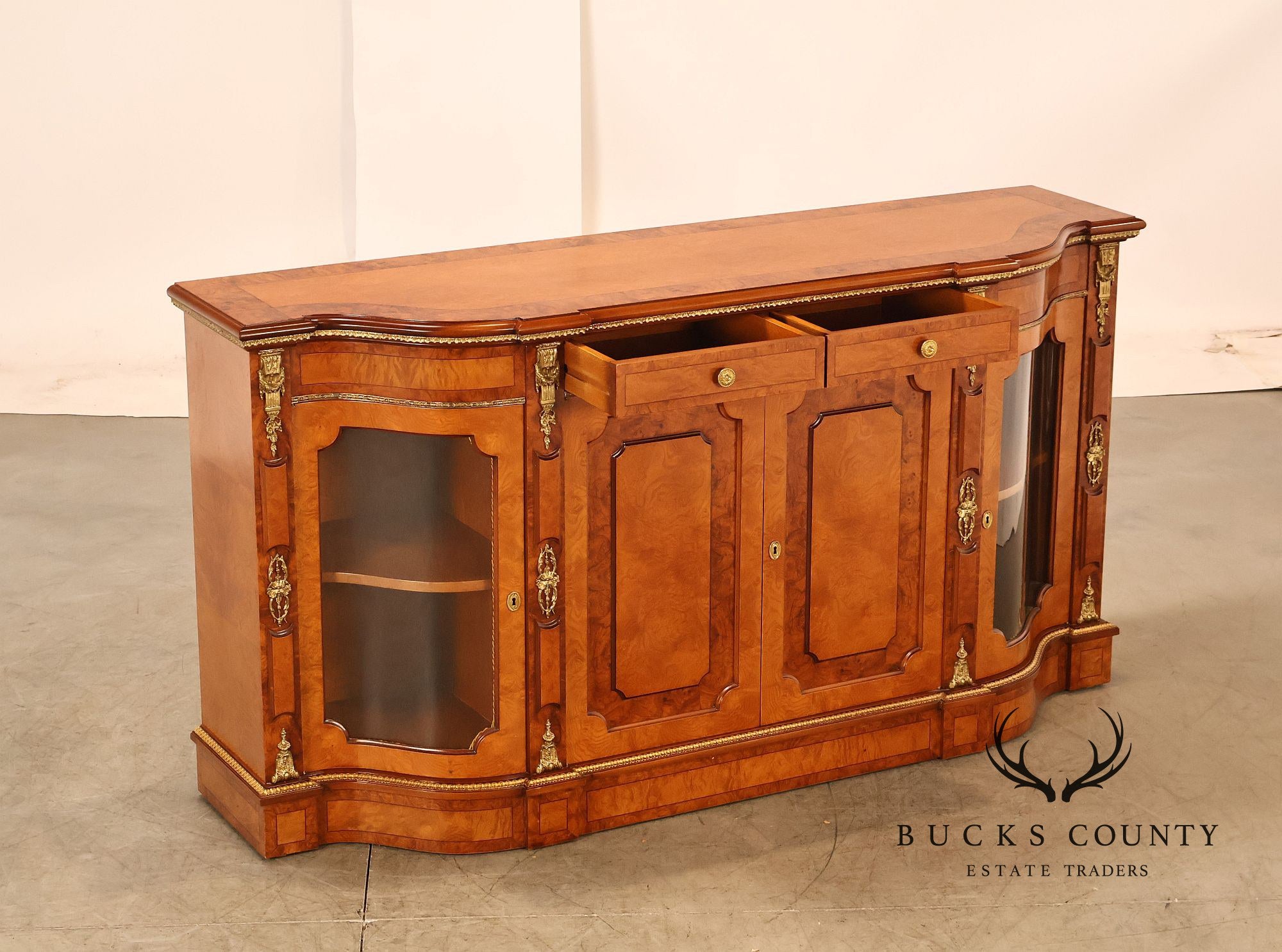 Italian Neoclassical Style Burl Wood Sideboard Credenza