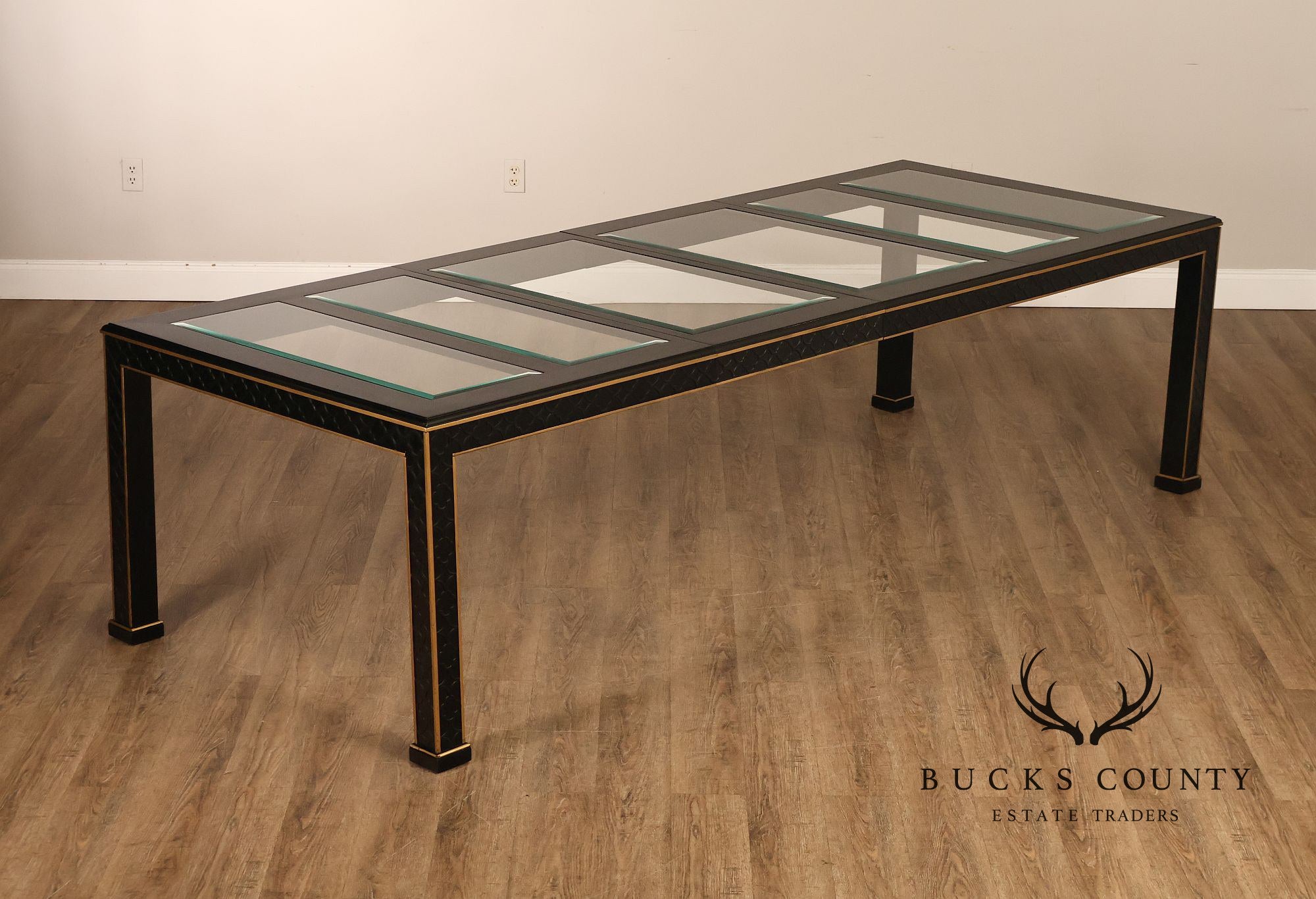 Chinese Chippendale Black Lacquered Dining Table With Two Leaves, Inset Glass