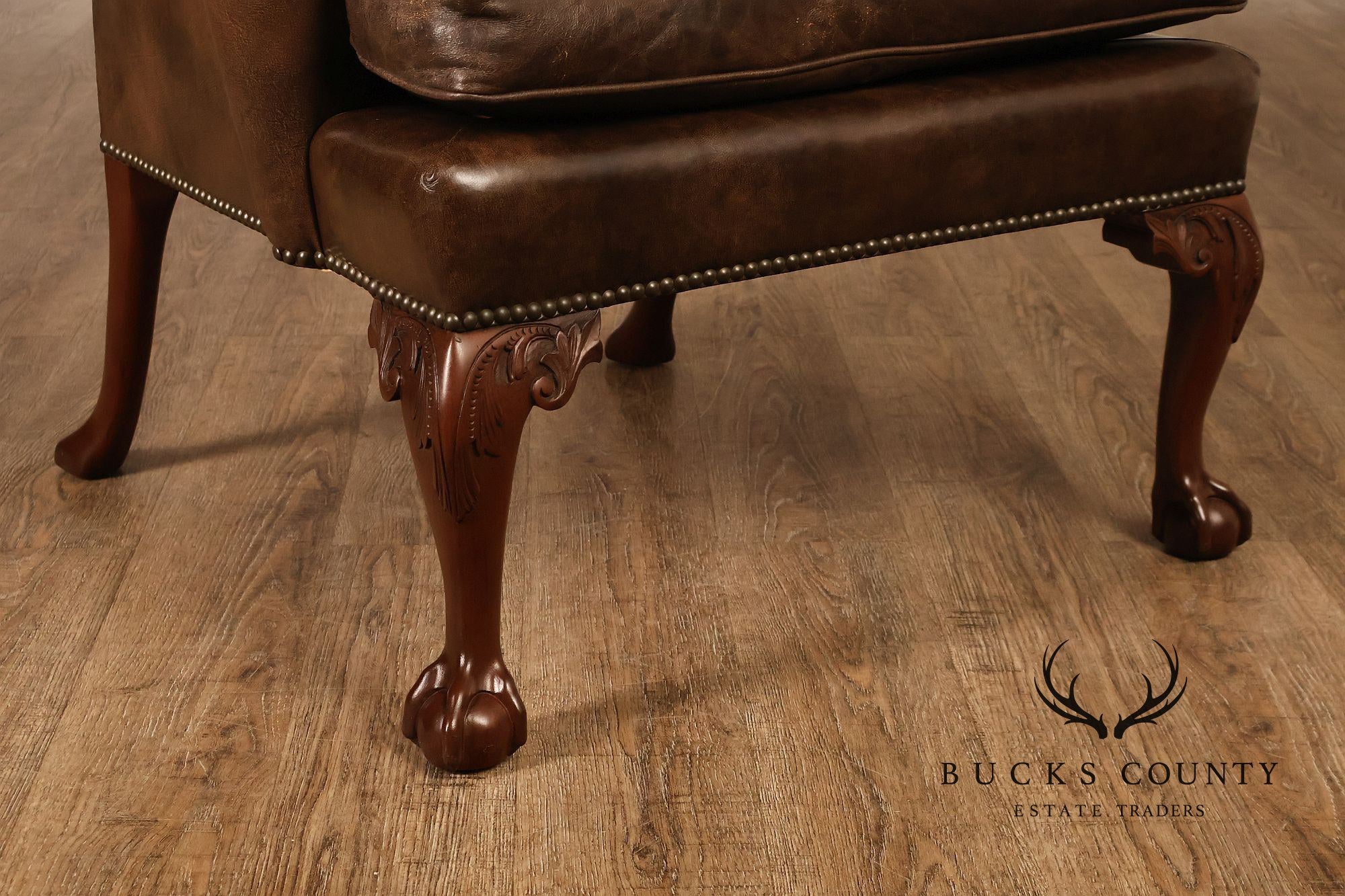 Kittinger Colonial Williamsburg Chippendale Style Pair Leather Wing Chairs