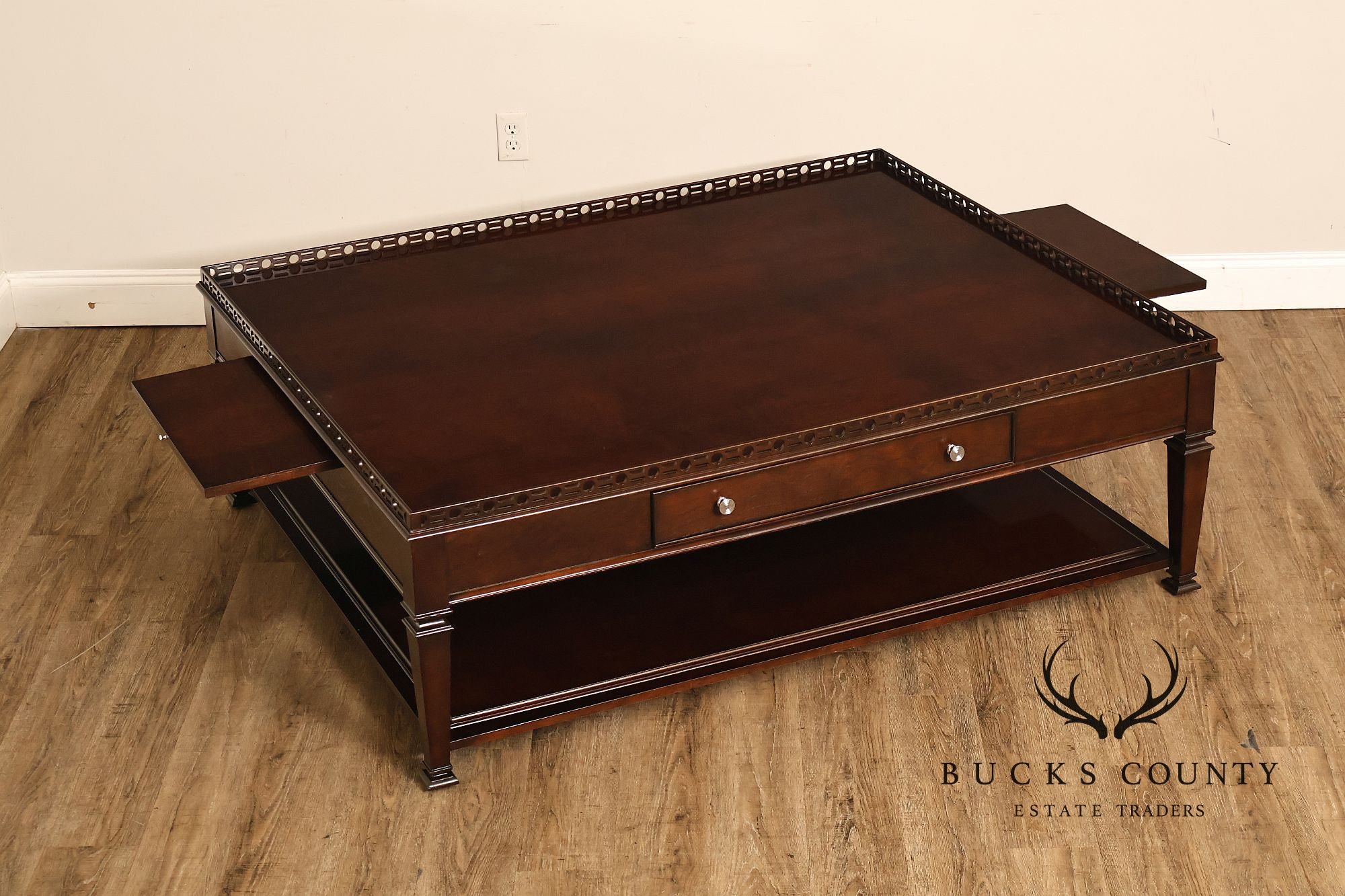 Century Furniture Large Mahogany Two Drawer Gallery Top Rectangular Cocktail Coffee Table