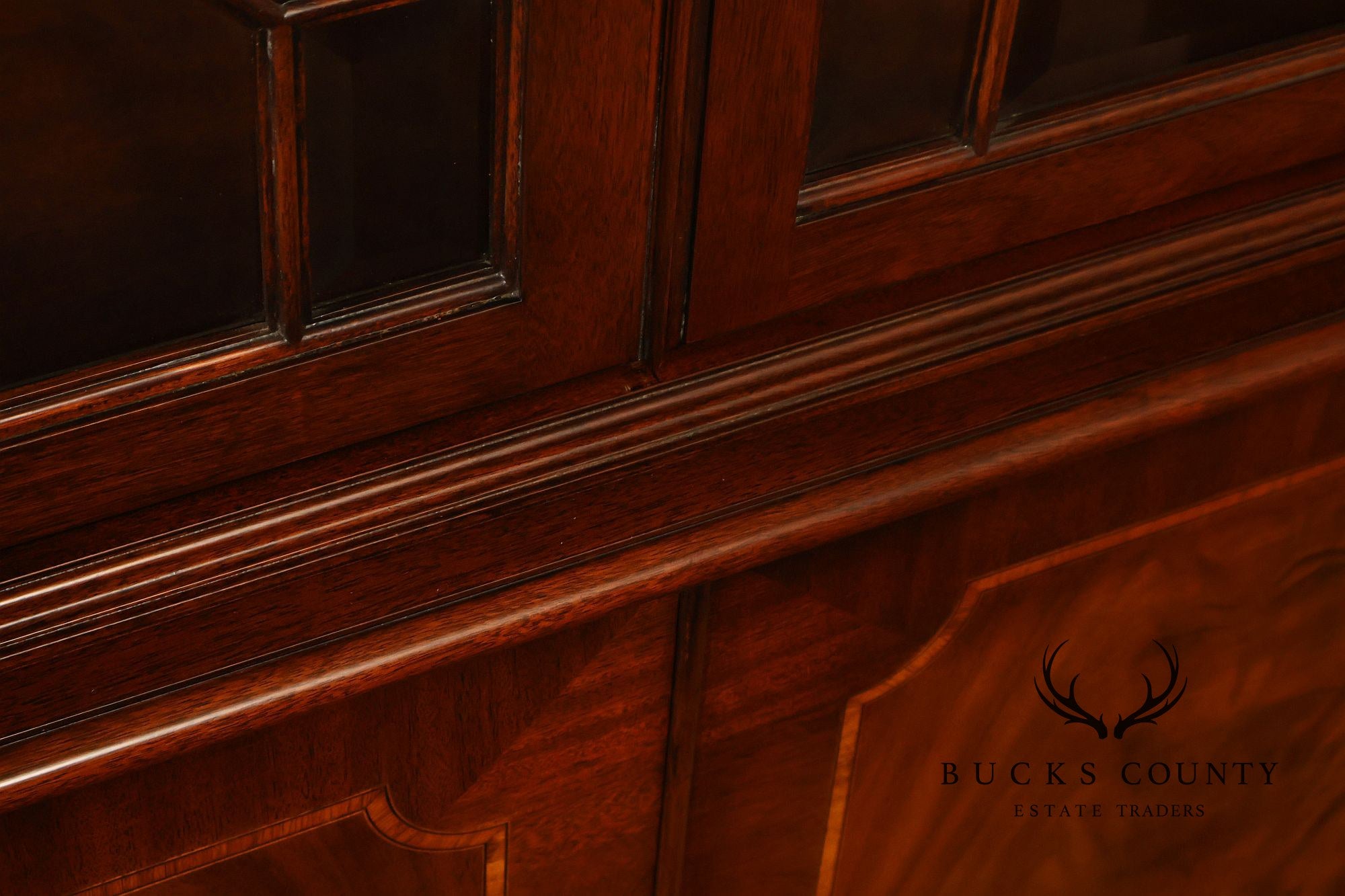 Karges English Style Mahogany Breakfront China Cabinet Display Bookcase with Carved Pediment and Silk Backing