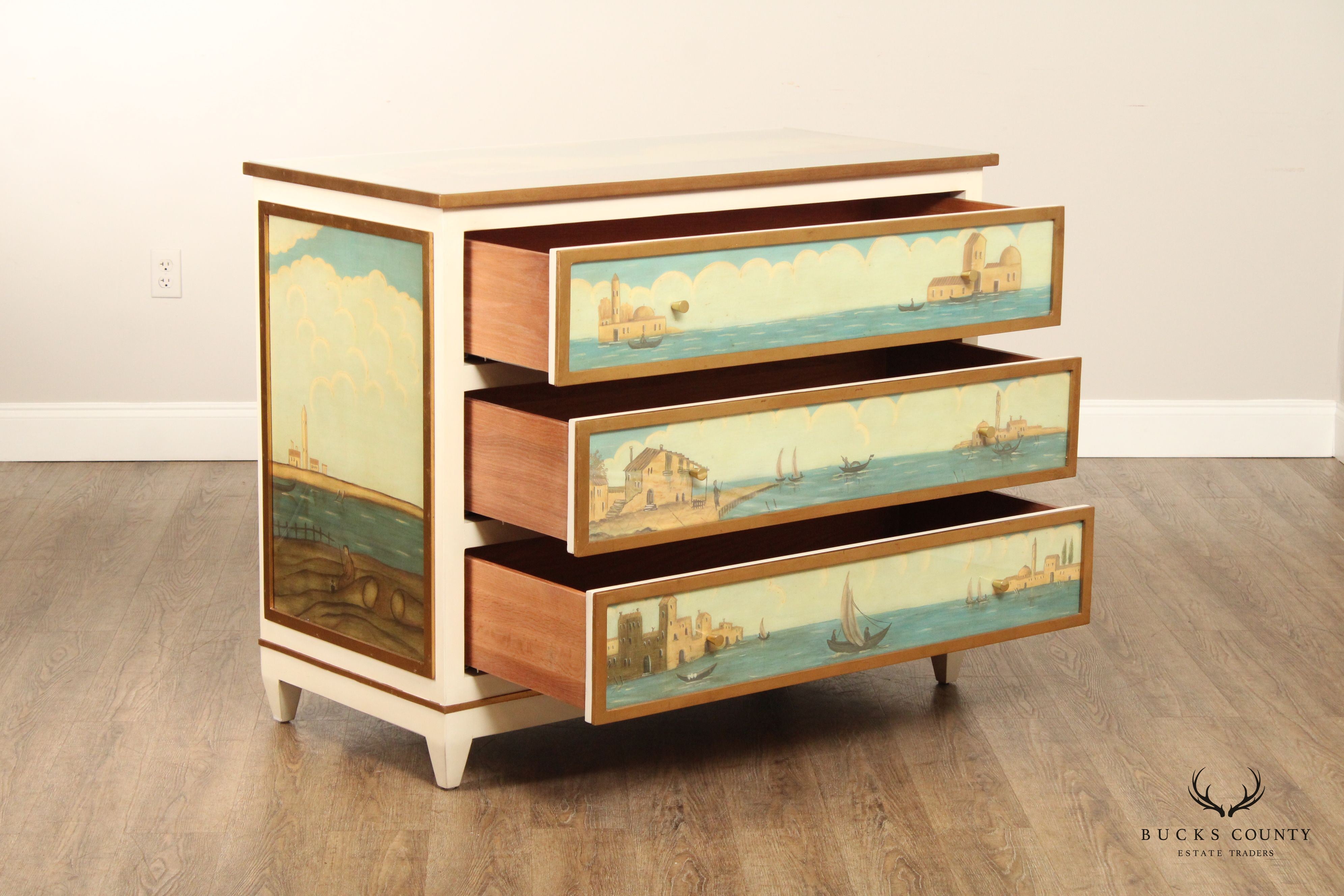 Modern History Hand Painted Venetian Three Drawer Chest Commode