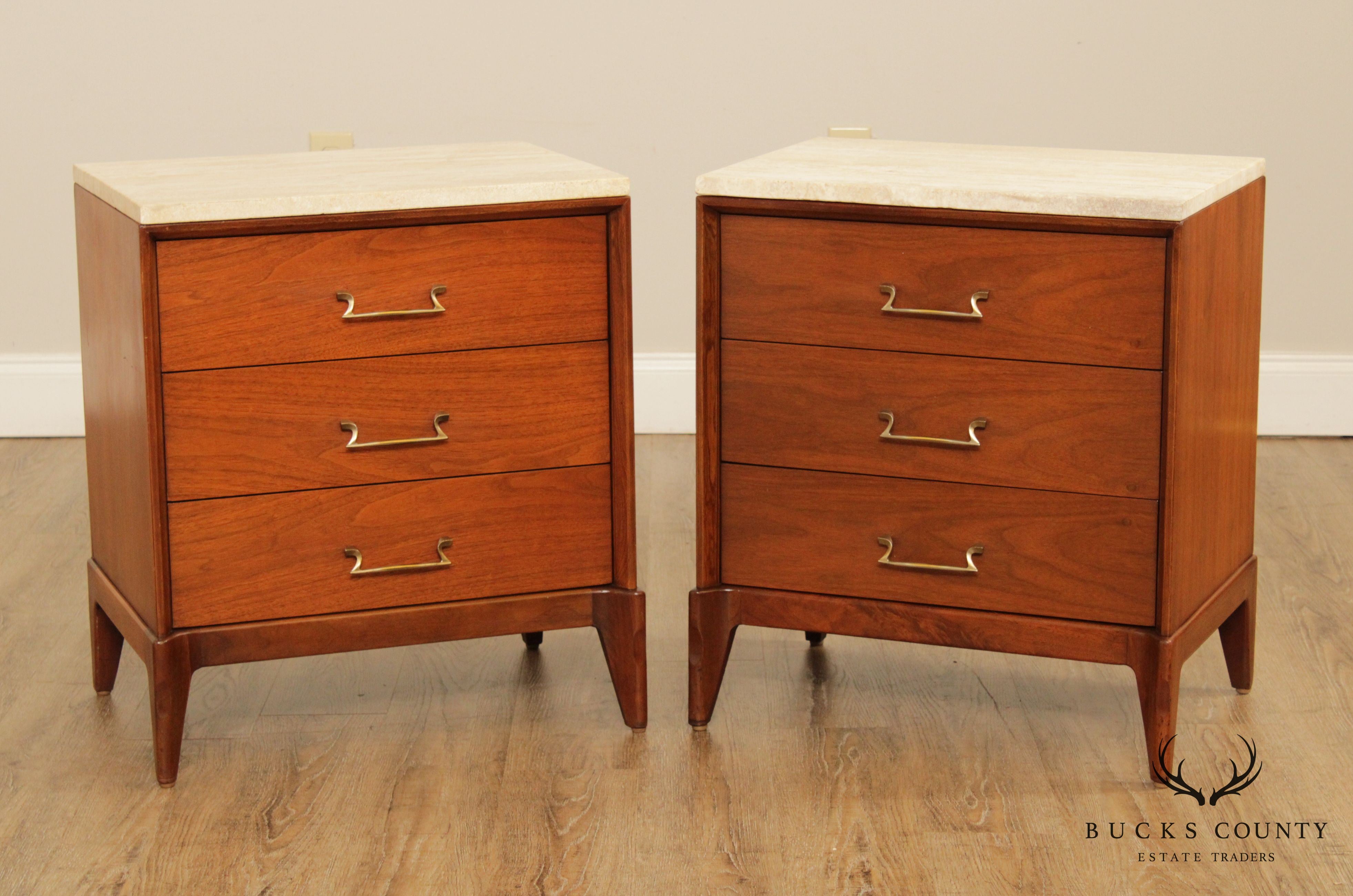 Mid Century Modern Pair Walnut Travertine Top 3 Drawer Nightstands