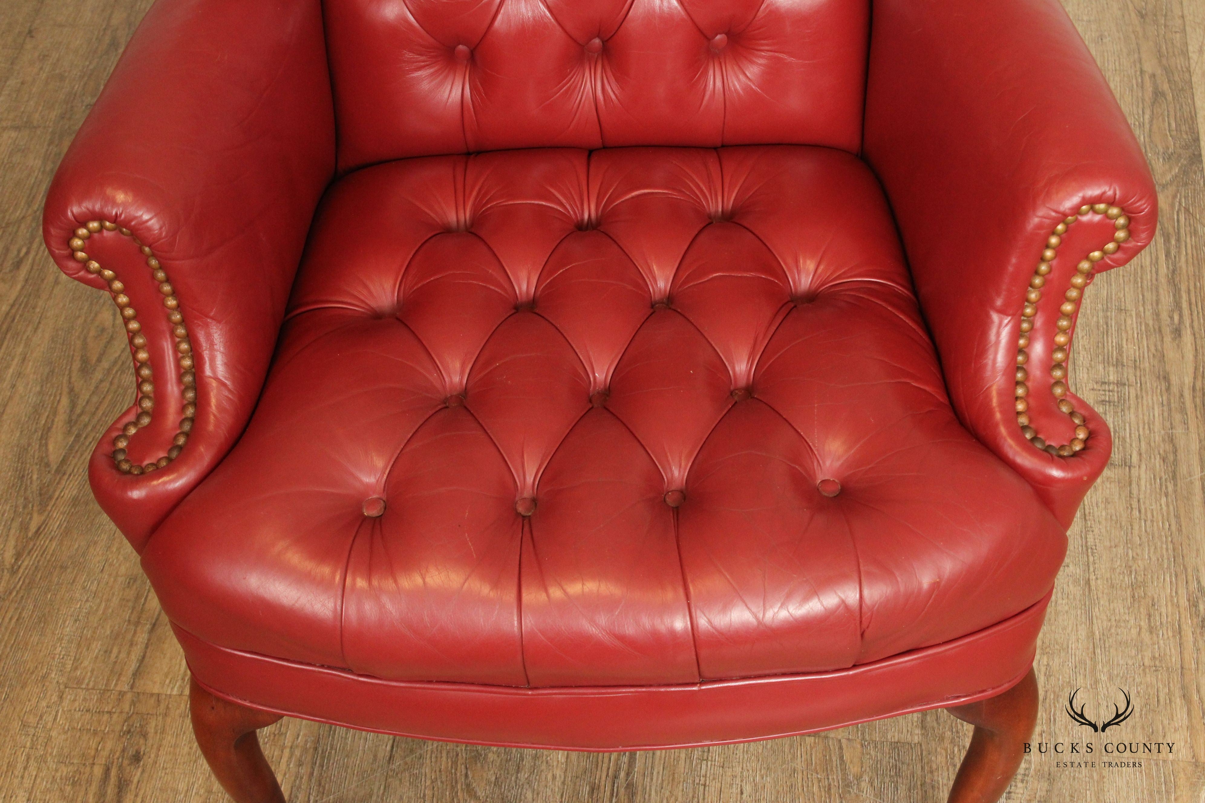 Queen Anne Style Tufted Leather Wing Chair