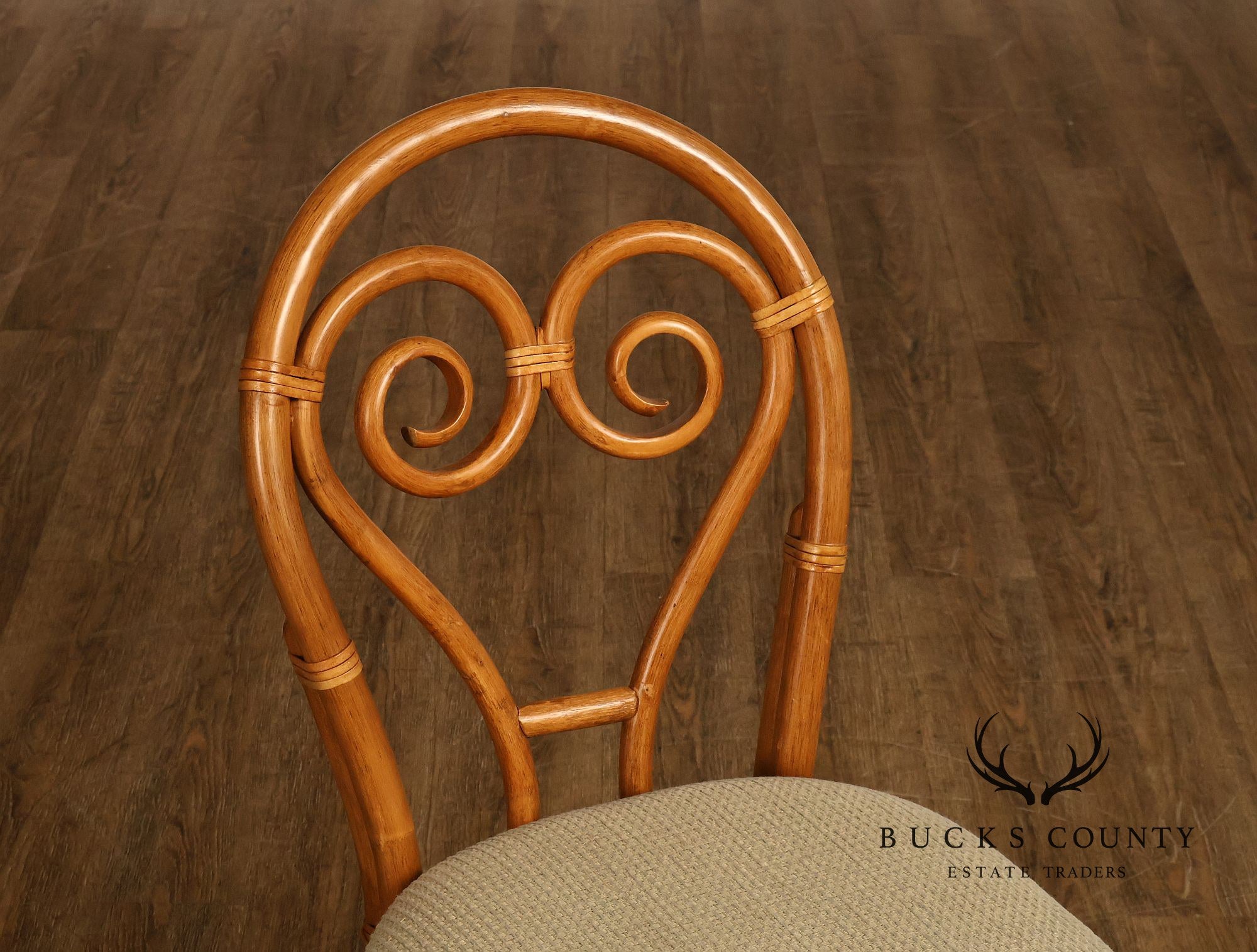 Coastal Style Pair Of Rattan Dining Chairs With Upholstered Seats