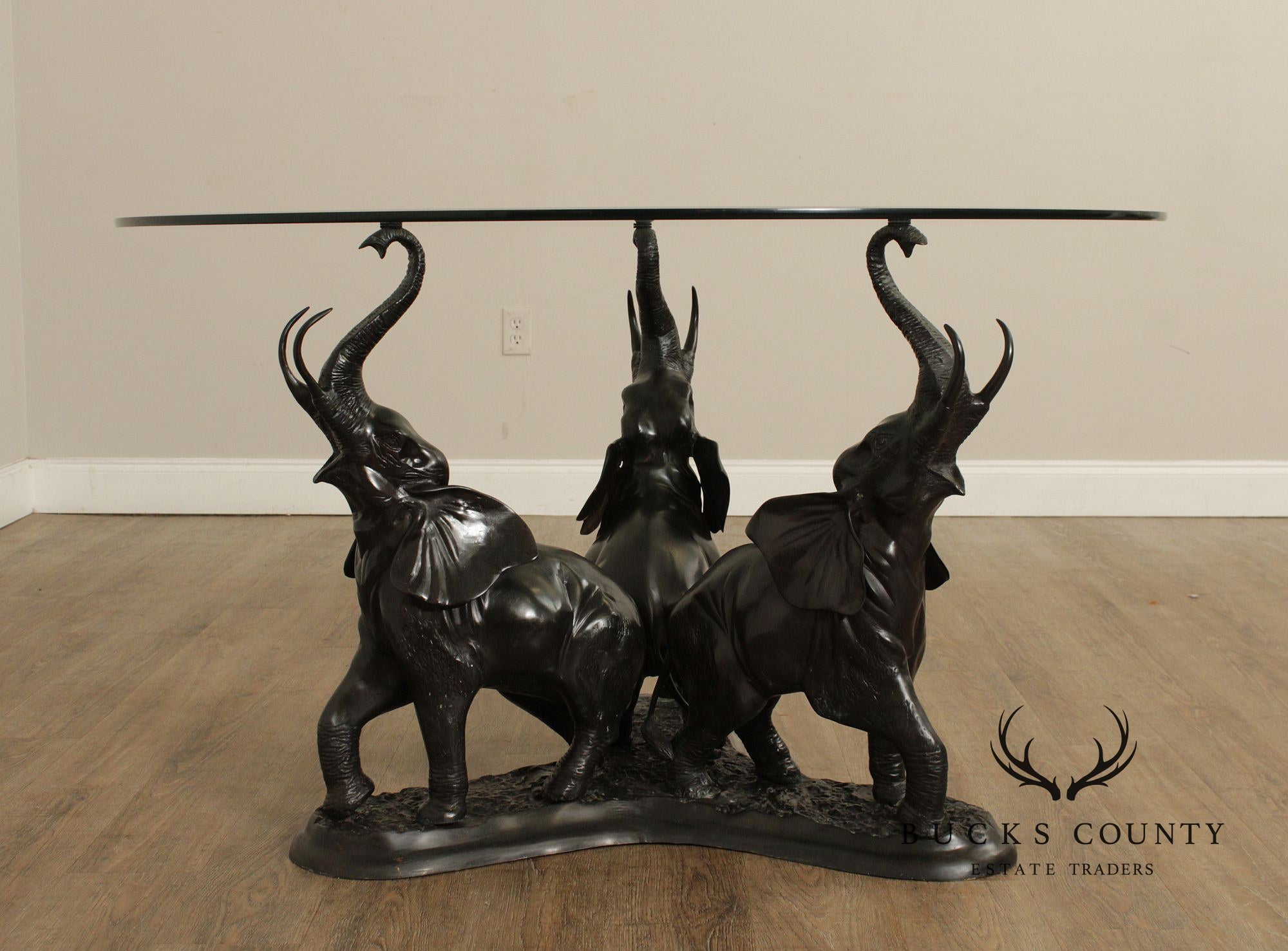 Contemporary Glass Top Bronze Elephants Center Table