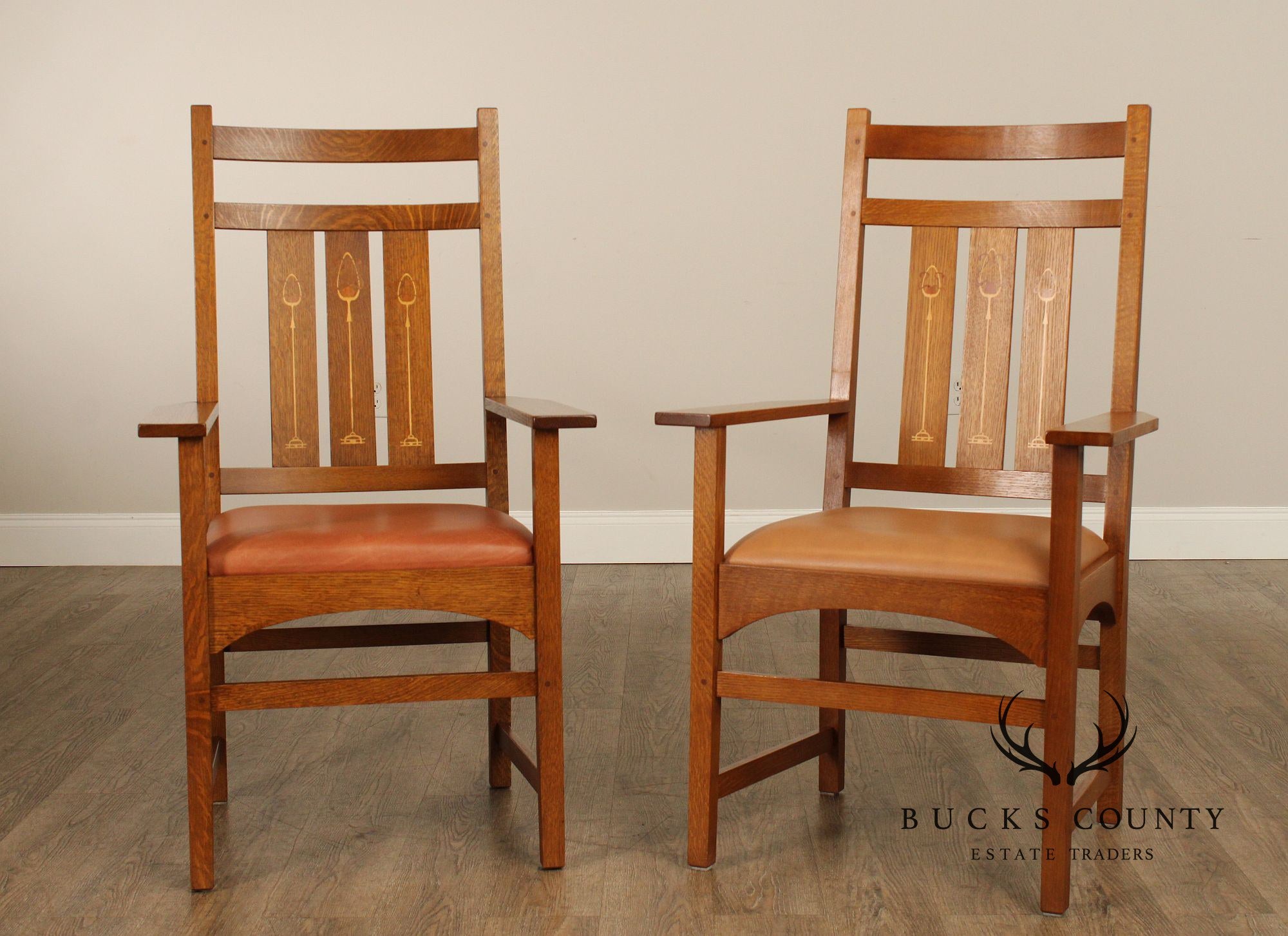 Stickley Mission Collection Pair of Harvey Ellis Inlaid Oak Dining Armchairs