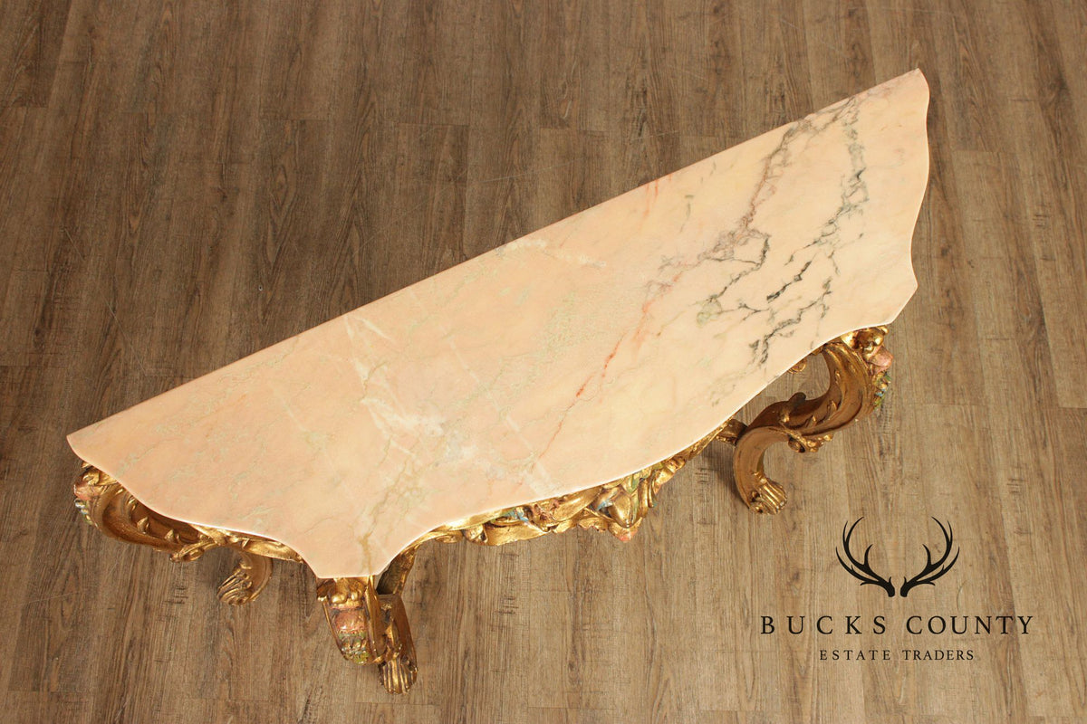 Venetian Rococo Style Marble Top Giltwood Console Table