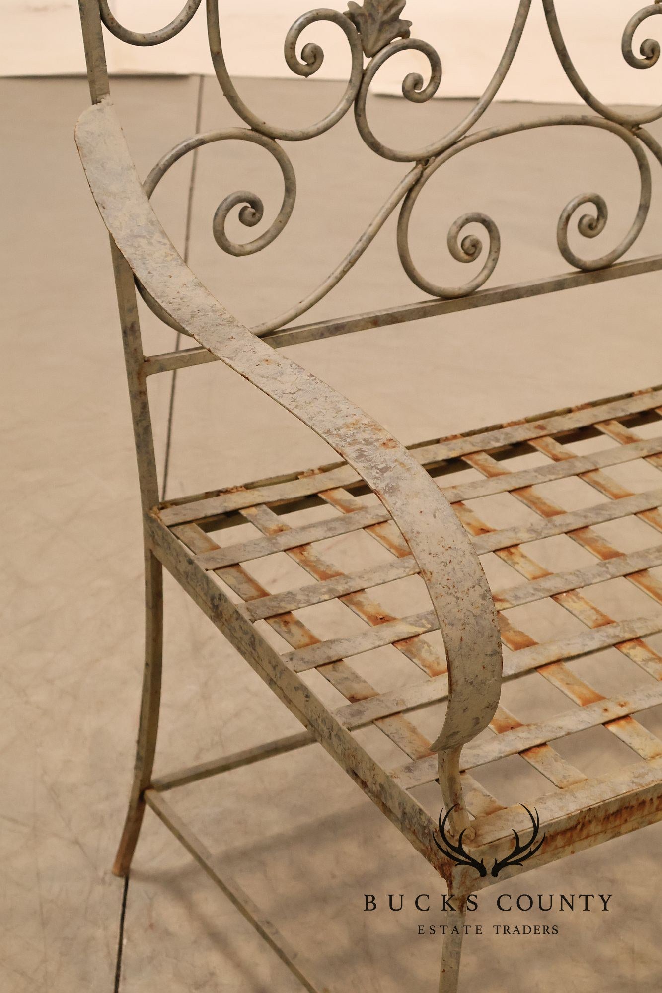 Vintage Wrought Iron Garden Bench With Scrollwork Back
