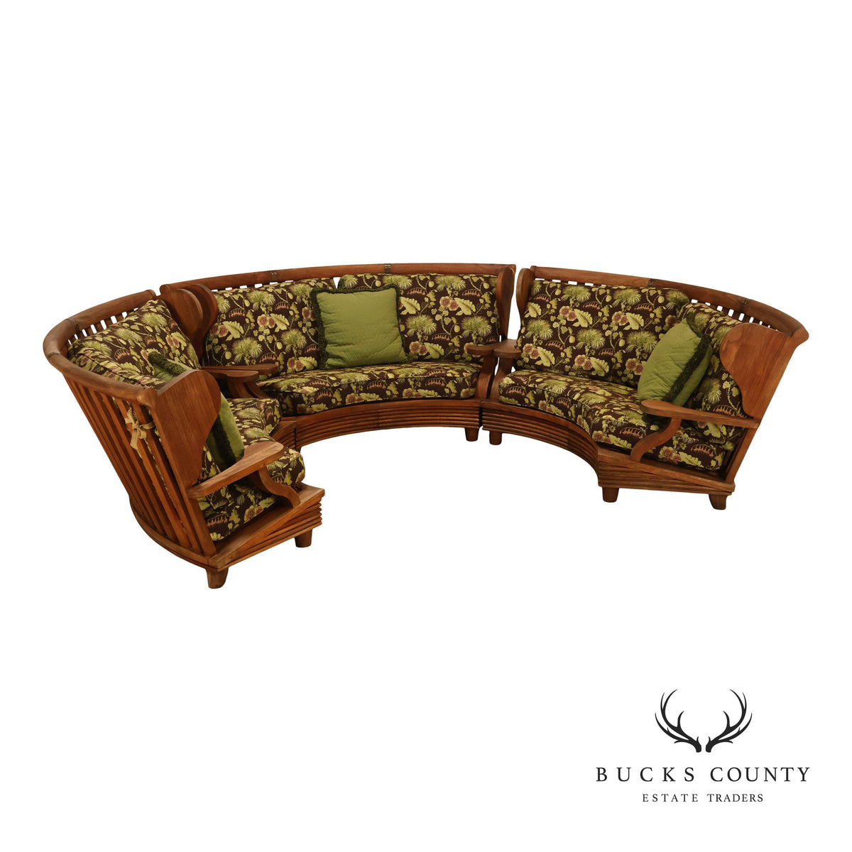 Curved Teak Modular Sofa With Floral Upholstery