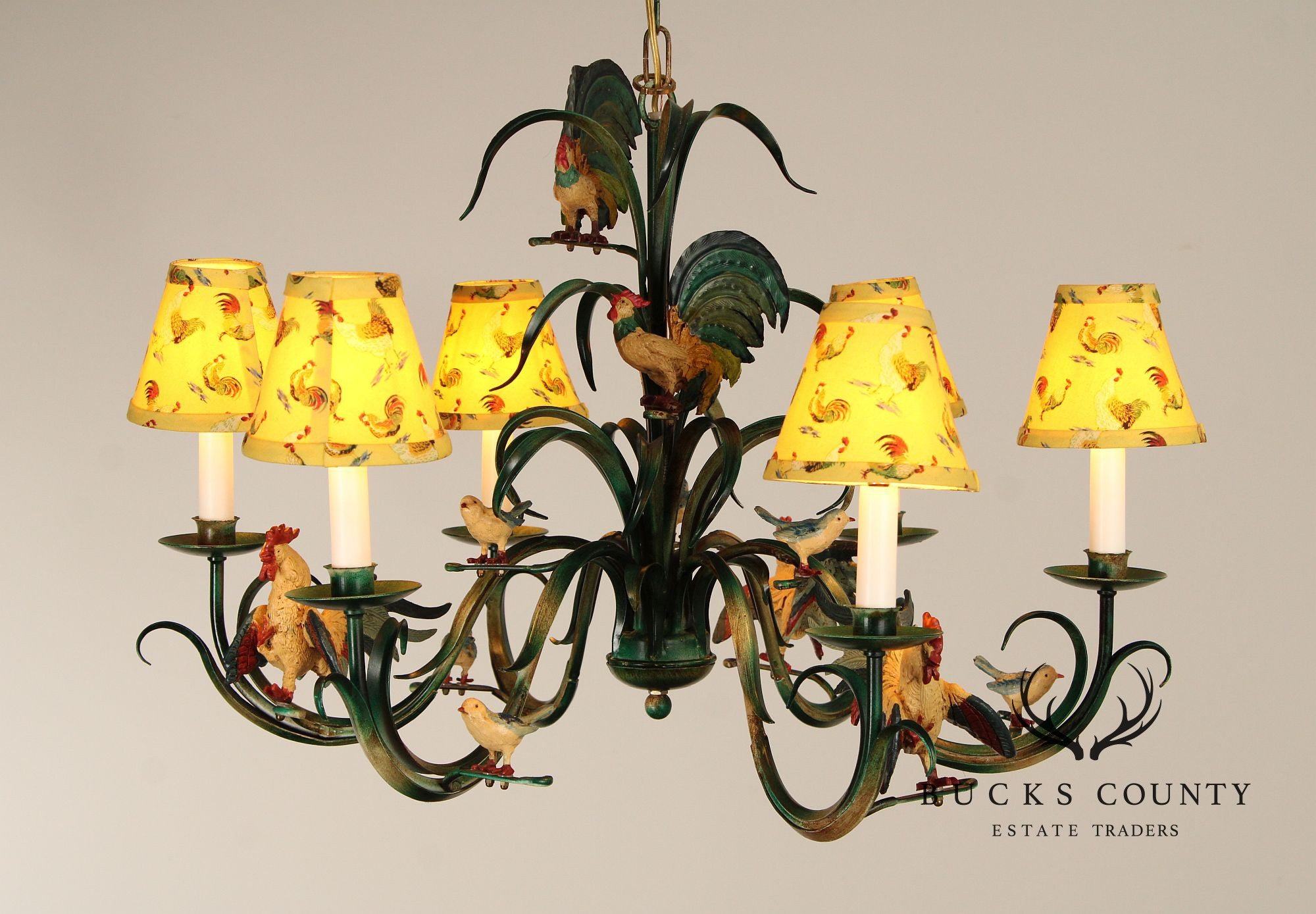 Farmhouse Style Painted Tole Rooster Chandelier