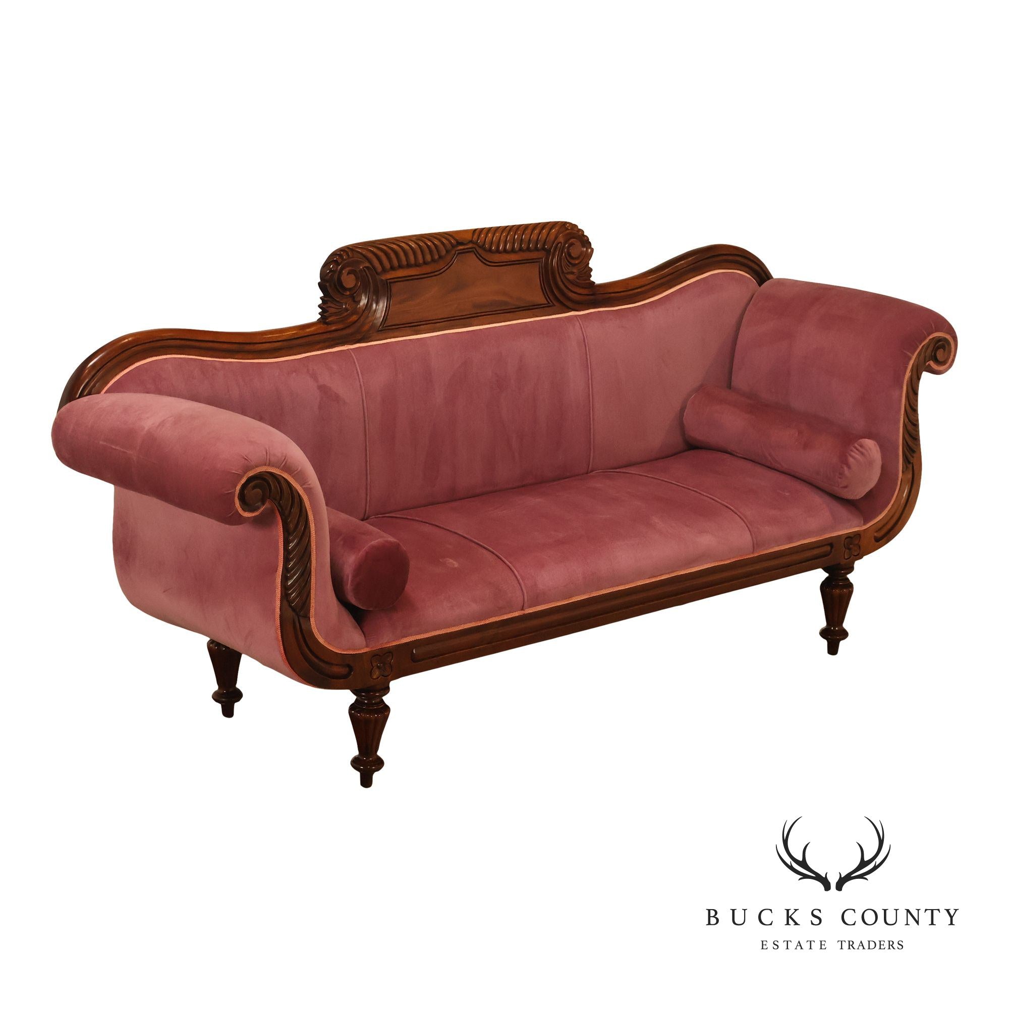 Victorian Style Mahogany Carved Wood Framed Pink Velour Upholstered Sofa