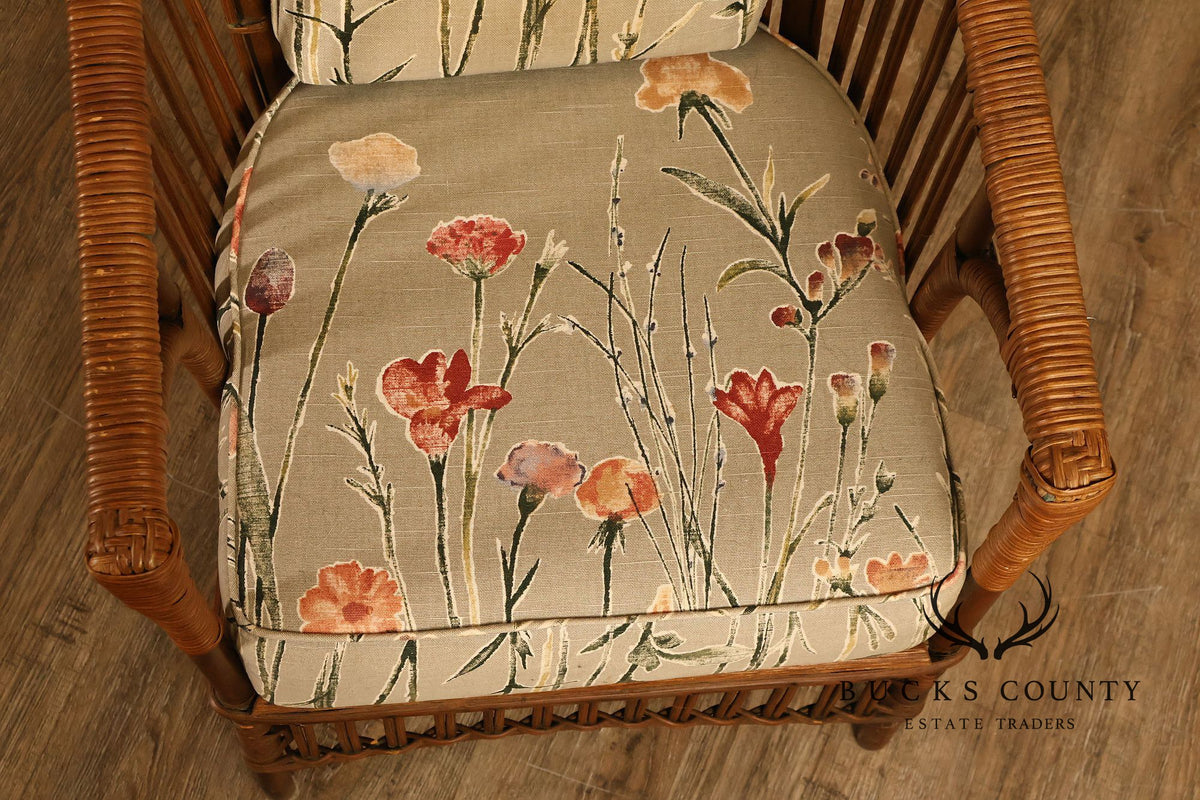 Antique Set Of Four Split Reed Rattan Armchairs With Floral Cushions