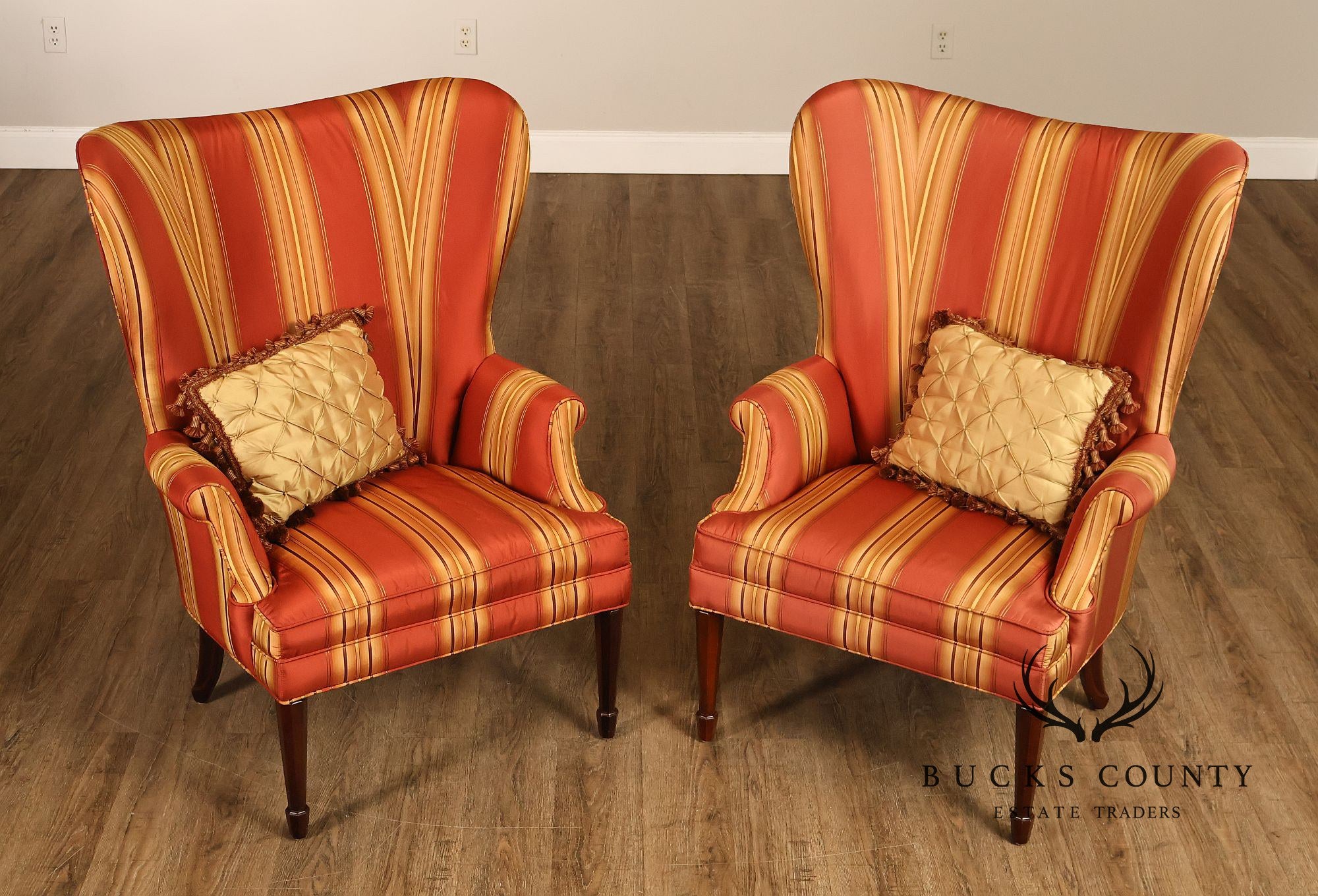 Custom Quality Pair Of Mahogany Fanback Wing Chairs