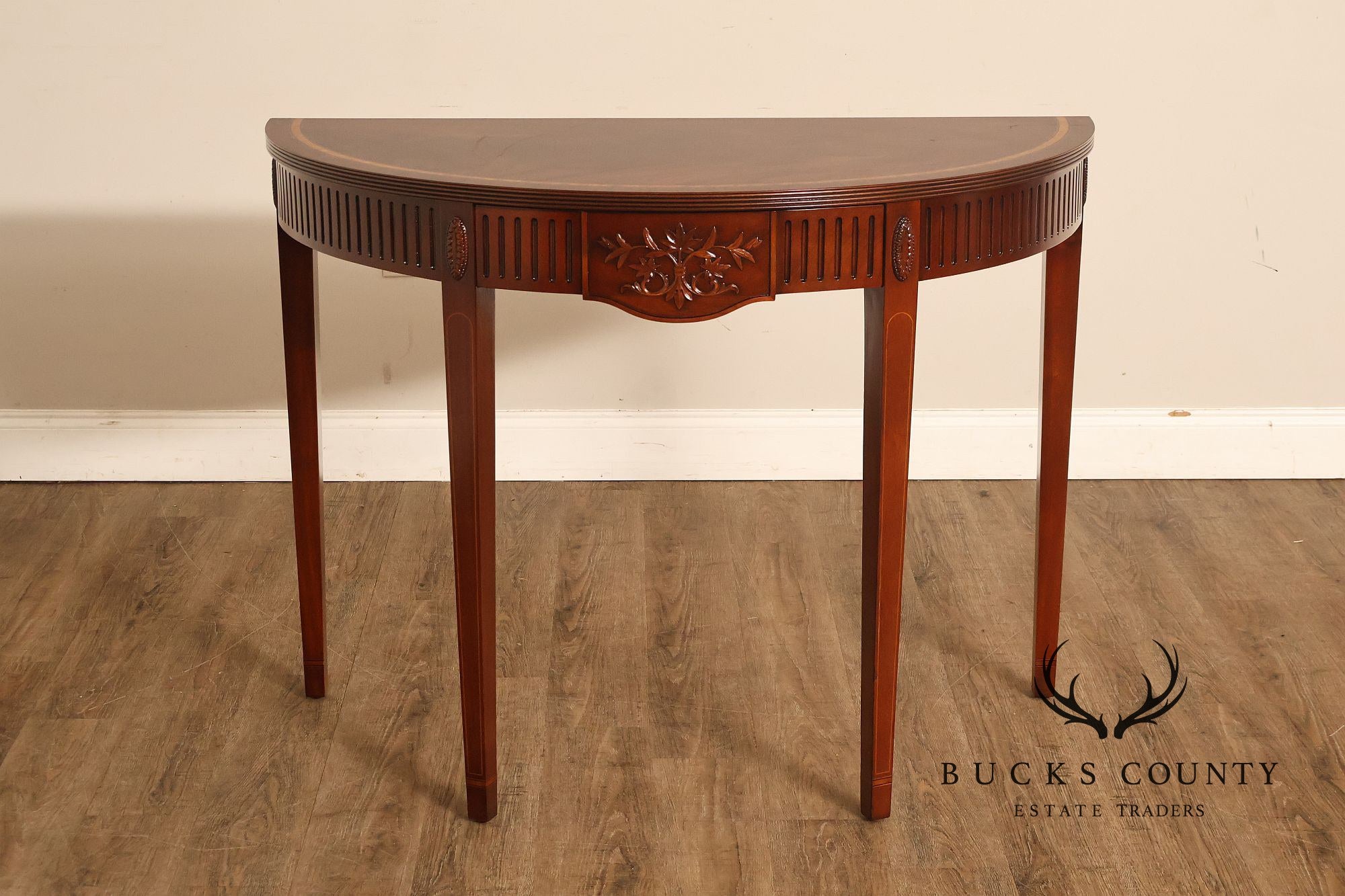 Custom Mahogany Inlaid Demilune Console Table
