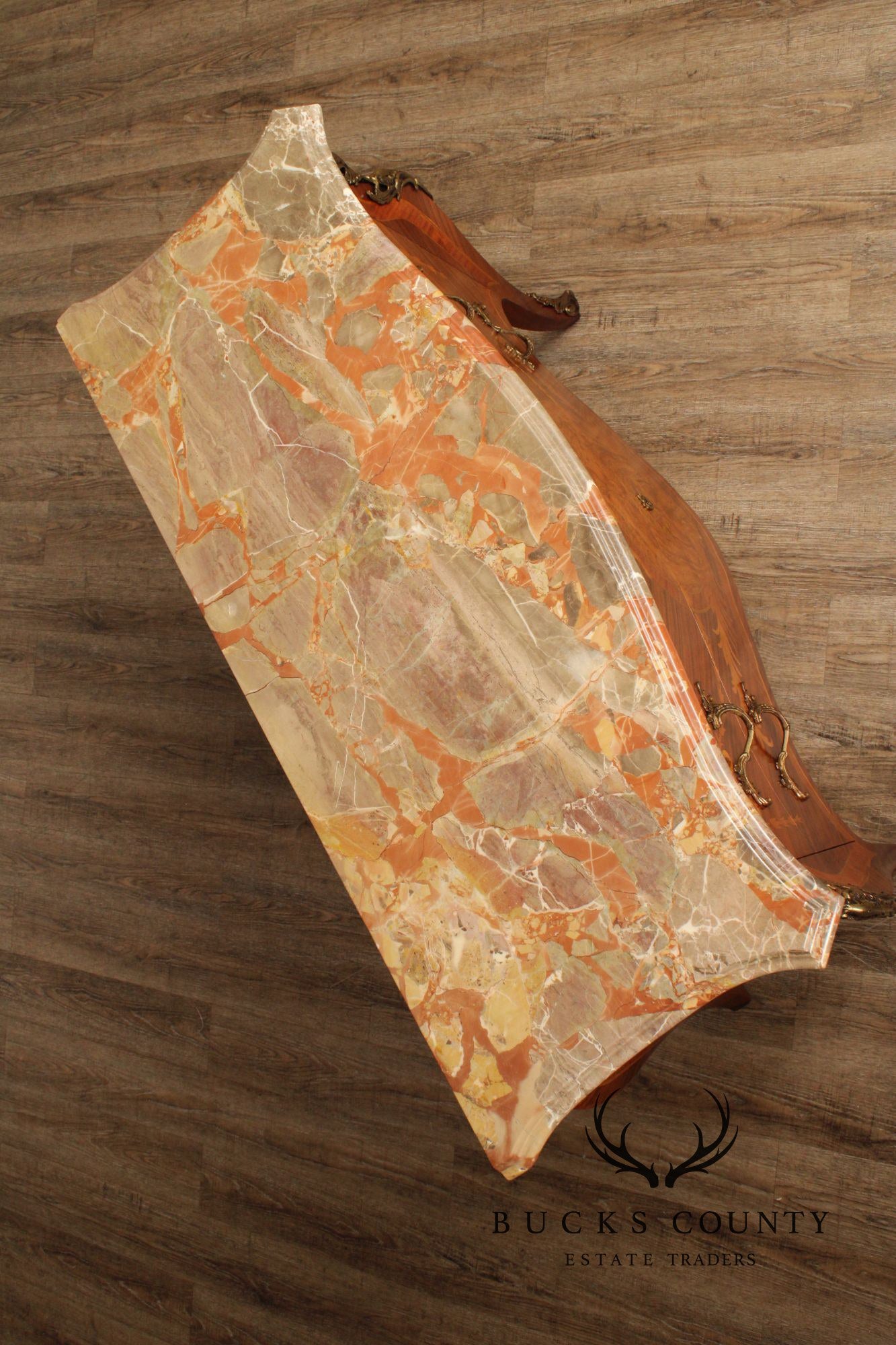 Louis XV Style Pair Of Marquetry Inlaid Marble Top Bombe Commodes