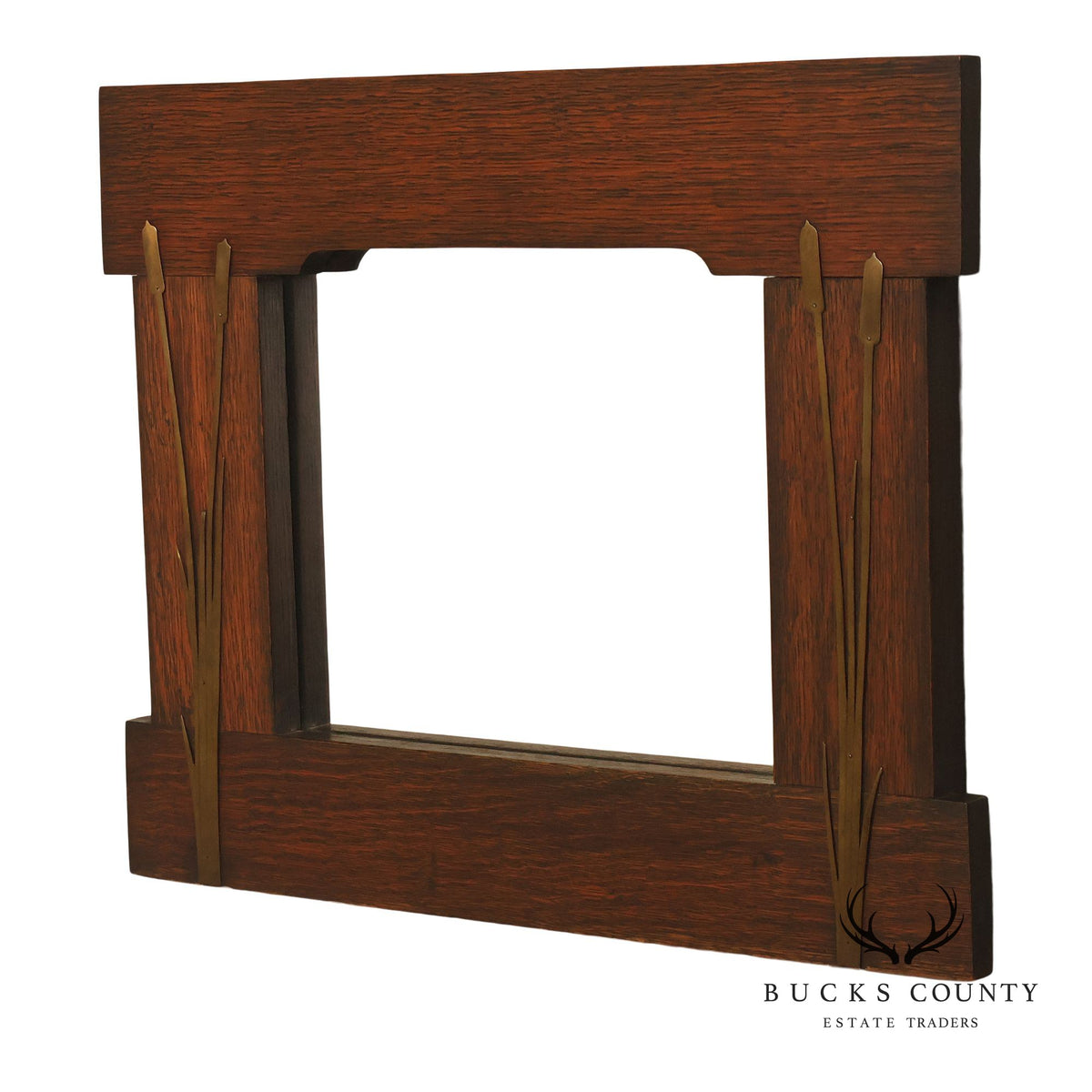 Arts And Crafts Mission Oak Mirror With Brass Cattail Decorative Mounts