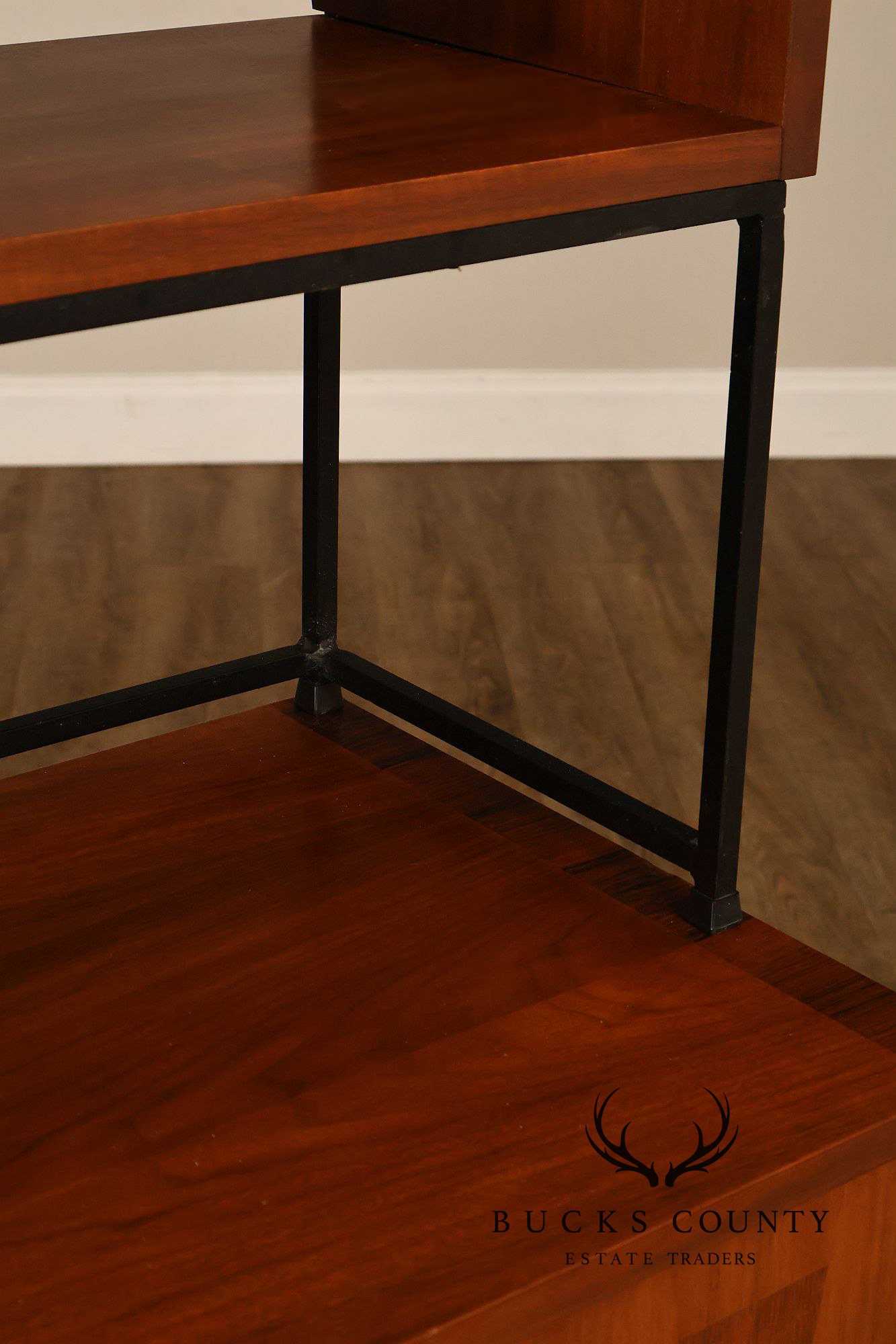 Stanley Mid Century Modern Walnut & Rosewood Inlaid Wall Unit Credenza