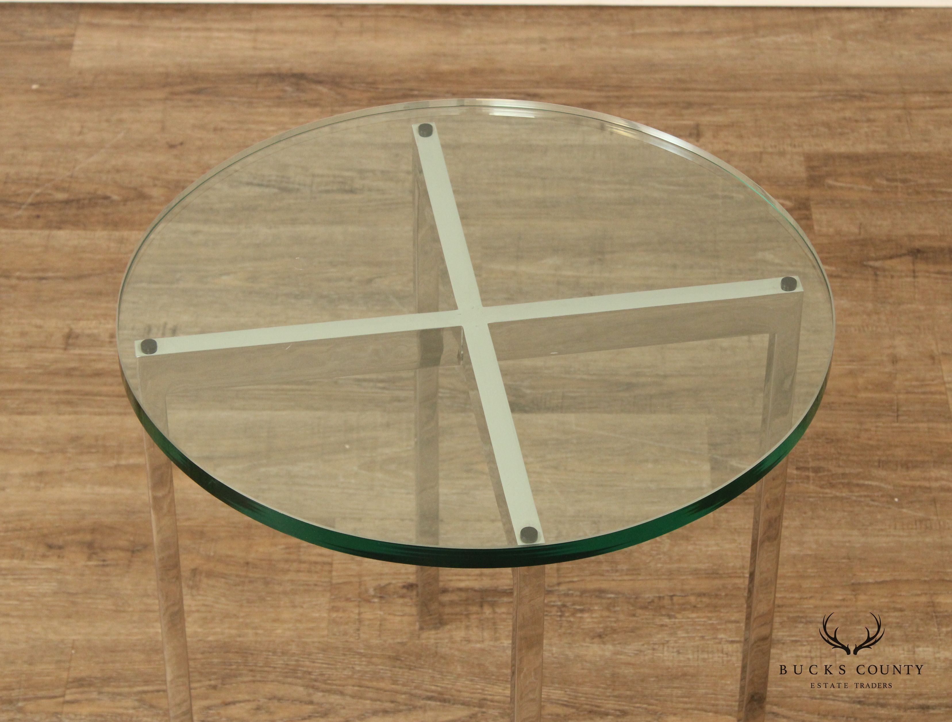 Postmodern Pair of Chrome Frame Round Glass Top Side Tables