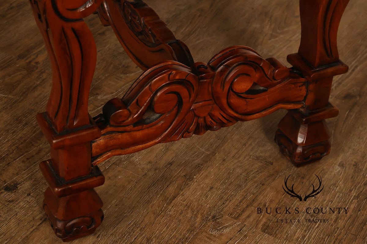 Victorian Style Carved Wood Upholstered Bench