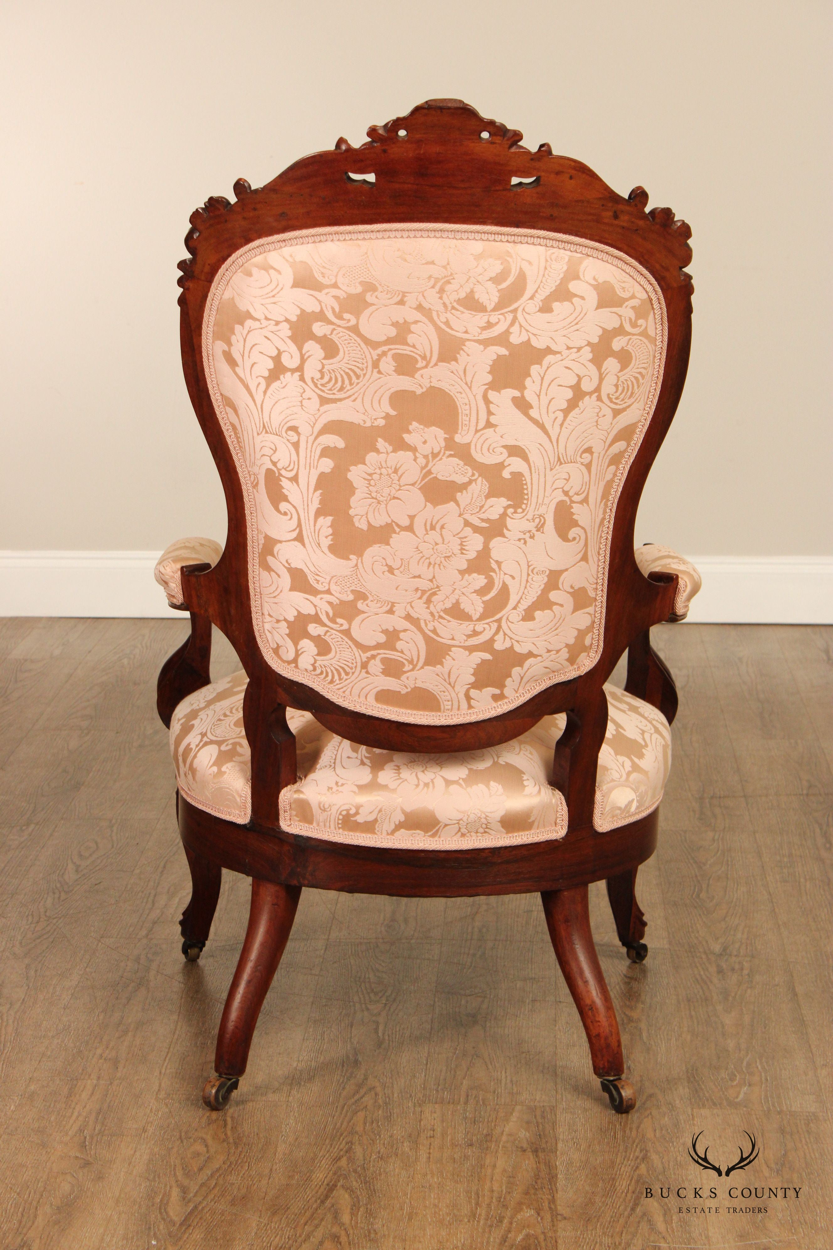 Antique Victorian Pair of Carved Walnut Armchairs